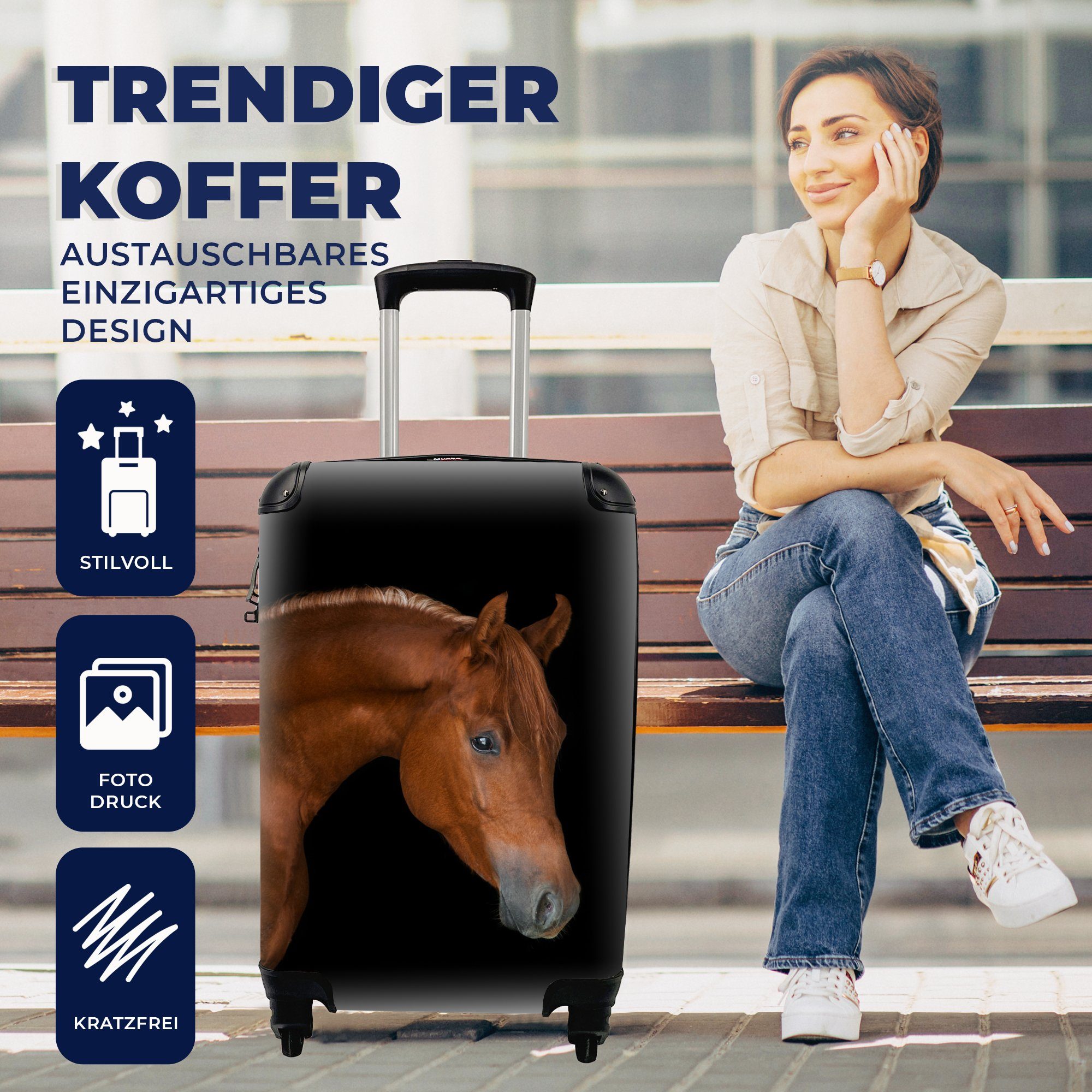 - MuchoWow Reisekoffer für Schwarz Tier, mit Handgepäckkoffer Pferd - Handgepäck Trolley, Reisetasche rollen, 4 Rollen, Ferien,
