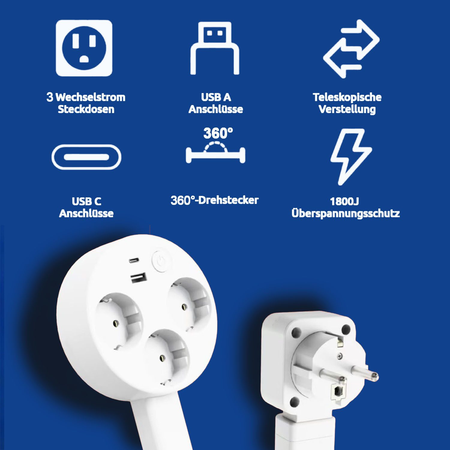 QUBEBU Steckdose 3-fach Steckdosenleiste mit USB-A/USB-C, 47 - 67 cm Ausziehbar Kabel, 3 Stile, 1-St., Überlastschutz, Überspannungsschutz, Blitzschutz, Kurzsichlussschutz, 5in1 Steckerleiste mit Schalter für Küche Büro Schlafzimmer Wohnzimmer