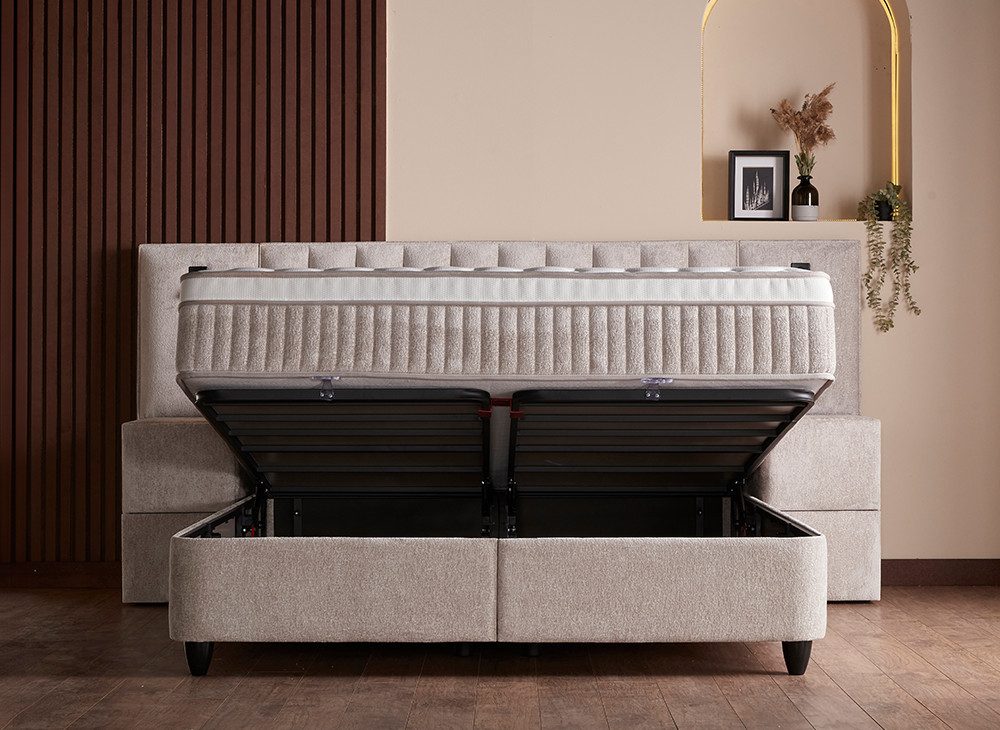 abc bedding Boxspringbett PENELOPE Premium Komfortbett - Doppelbett, Luxusbett in Beige (Voll-orthopädische Matratze), 180x200 cm Funktionsbett mit Bettkasten - Gasdruckfeder Mechanismus