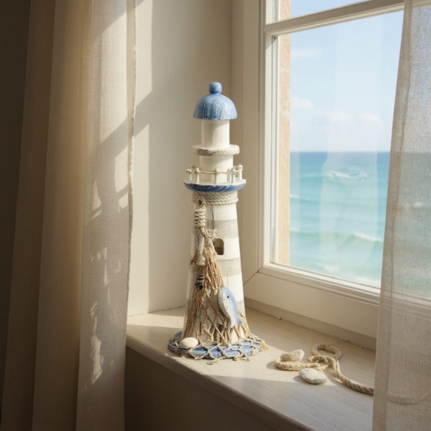 Macosa Home Dekofigur Deko Leuchtturm Holz 30 cm Weiß Blau Antik finish (ma günstig online kaufen