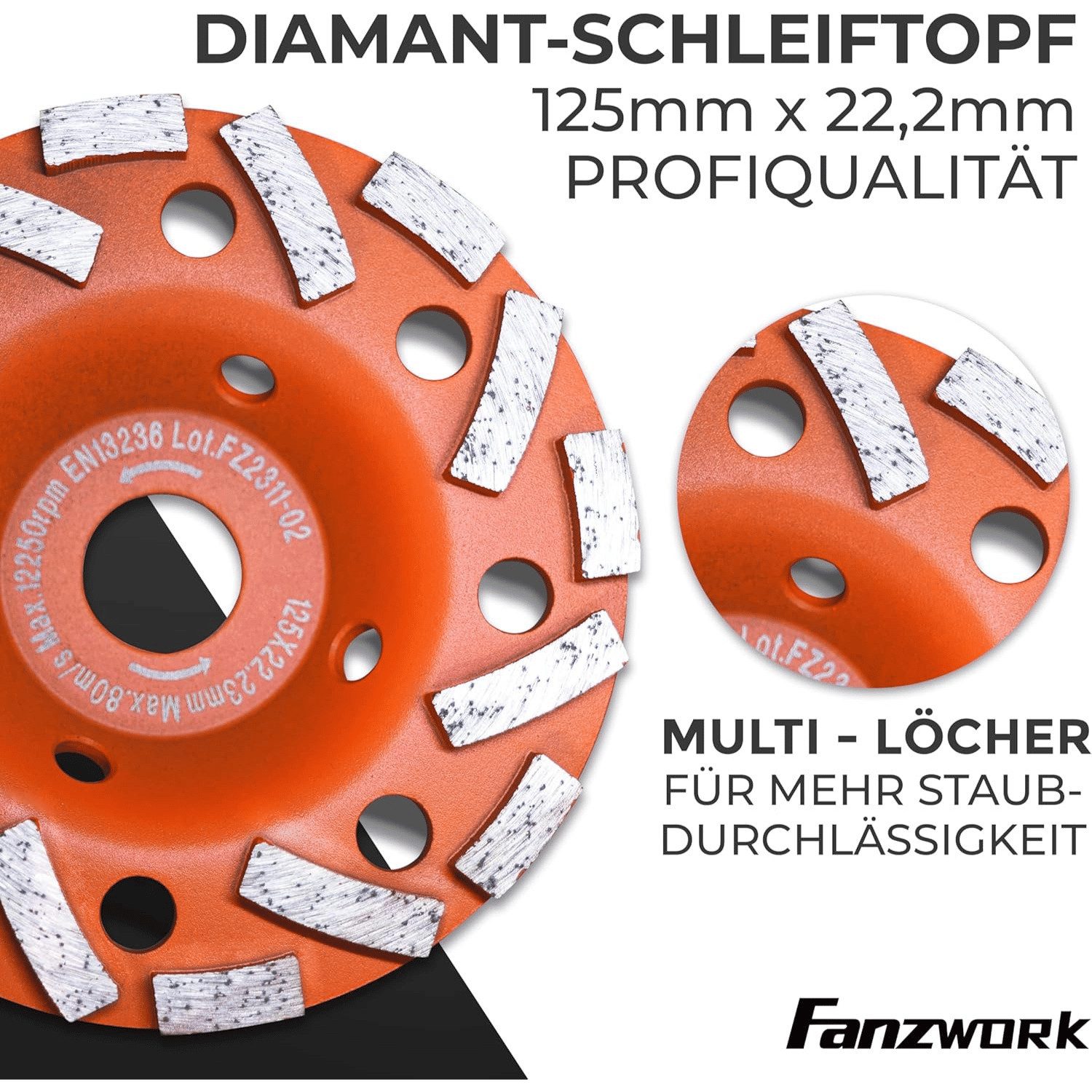 Fanzwork Winkelschleifer Absaughaube für Winkelschleifer + 125 mm Diamantschleiftopf PROFI, Für aller Winkelschleifer geeignet