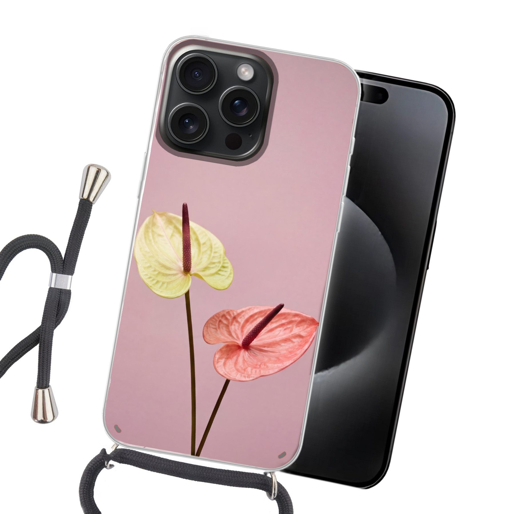 MuchoWow Handyhülle für Apple iPhone 15 Pro Blumen - Anthurien - Gelb - Rosa, Tragbare Handyhüllen mit Kette zum umhängen, Handykette Handyband