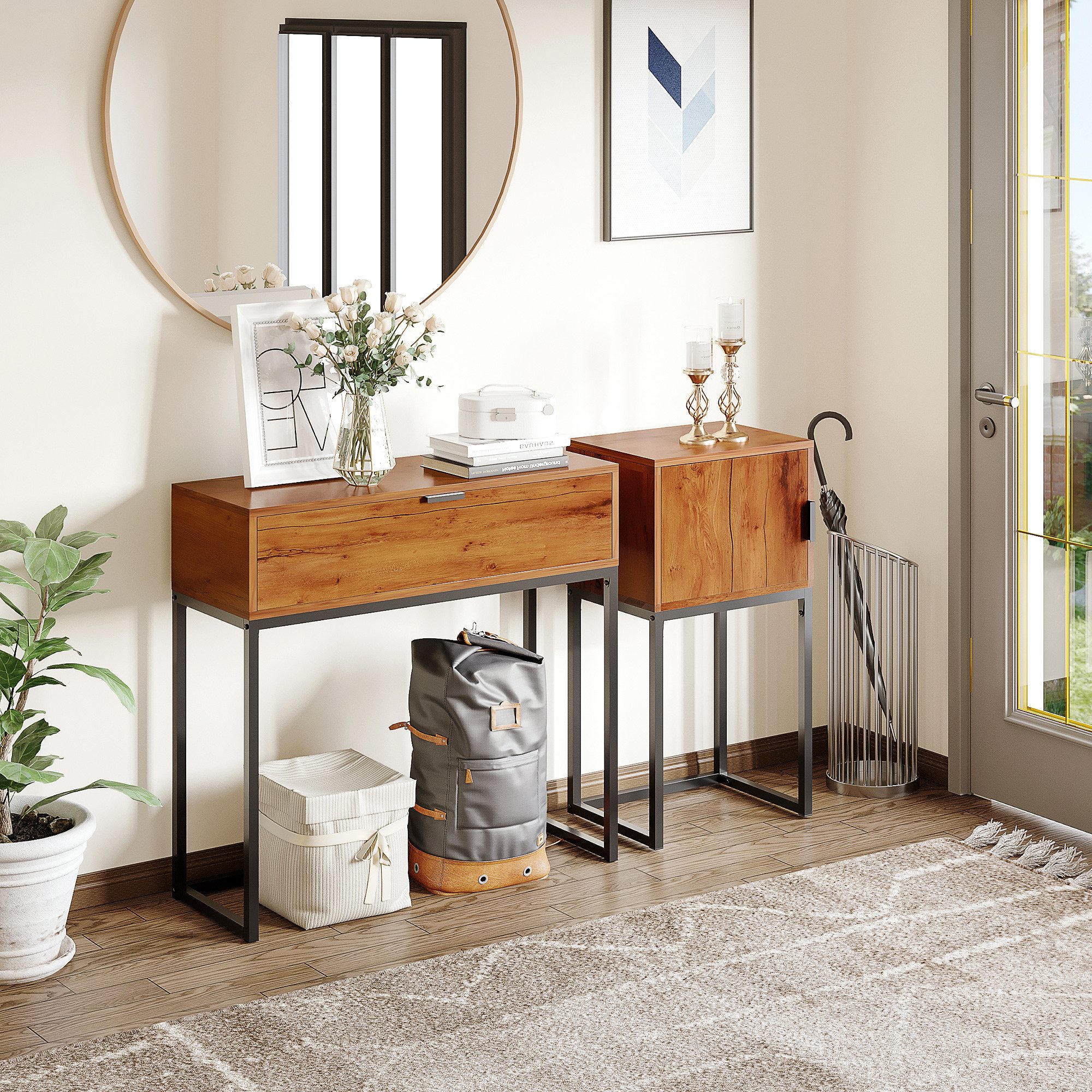 HOMCOM Konsolentisch Flurtisch mit Schrank, Beistelltisch im Modern-Design (Eingangstisch, 1-St., Sofatisch), Stahl, Braun, 80 x 30 x 76 cm