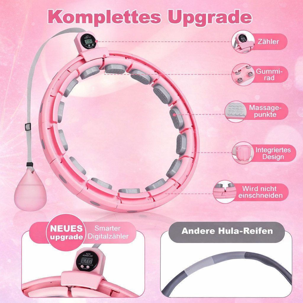 Futicare Hula-Hoop-Reifen mit Massagebällen & Kalorienzähler, Smart verstellbarer Fitness-Hoop, mit Gewichtsbällen – leiser Bauchtrainer zur Fettverbrennung Zuhause