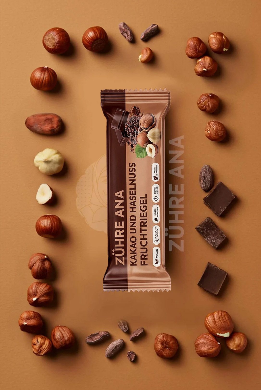 Zühre Ana® Riegel Kakao Haselnuss Fruchtriegel 12x – Vegan, Glutenfrei, Zuckerfrei, 420 g, Leckerer Snack, 35gr x 12 Stück