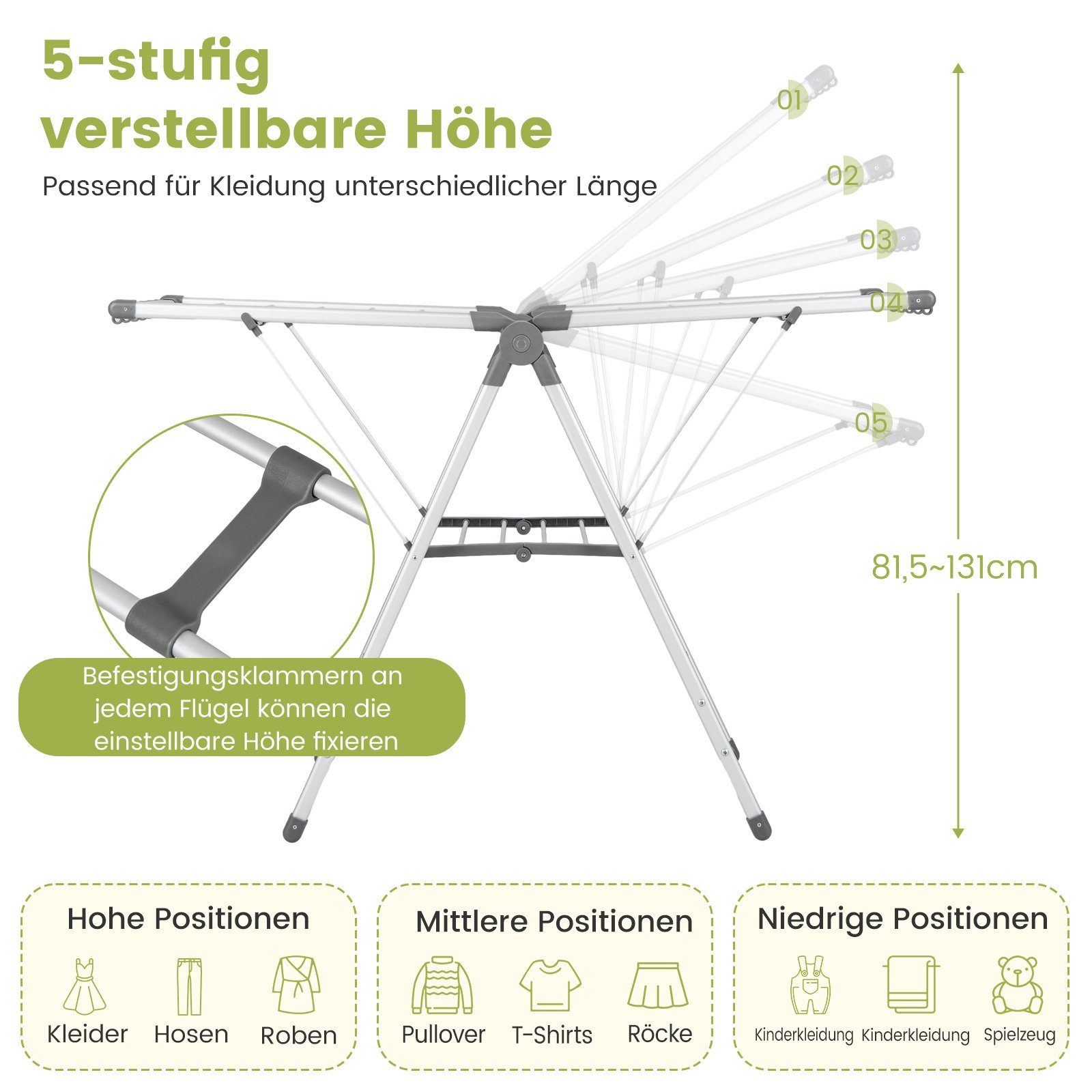 COSTWAY Flügelwäschetrockner, klappbar, ausziehbar, mit Schuhablage, 141cm