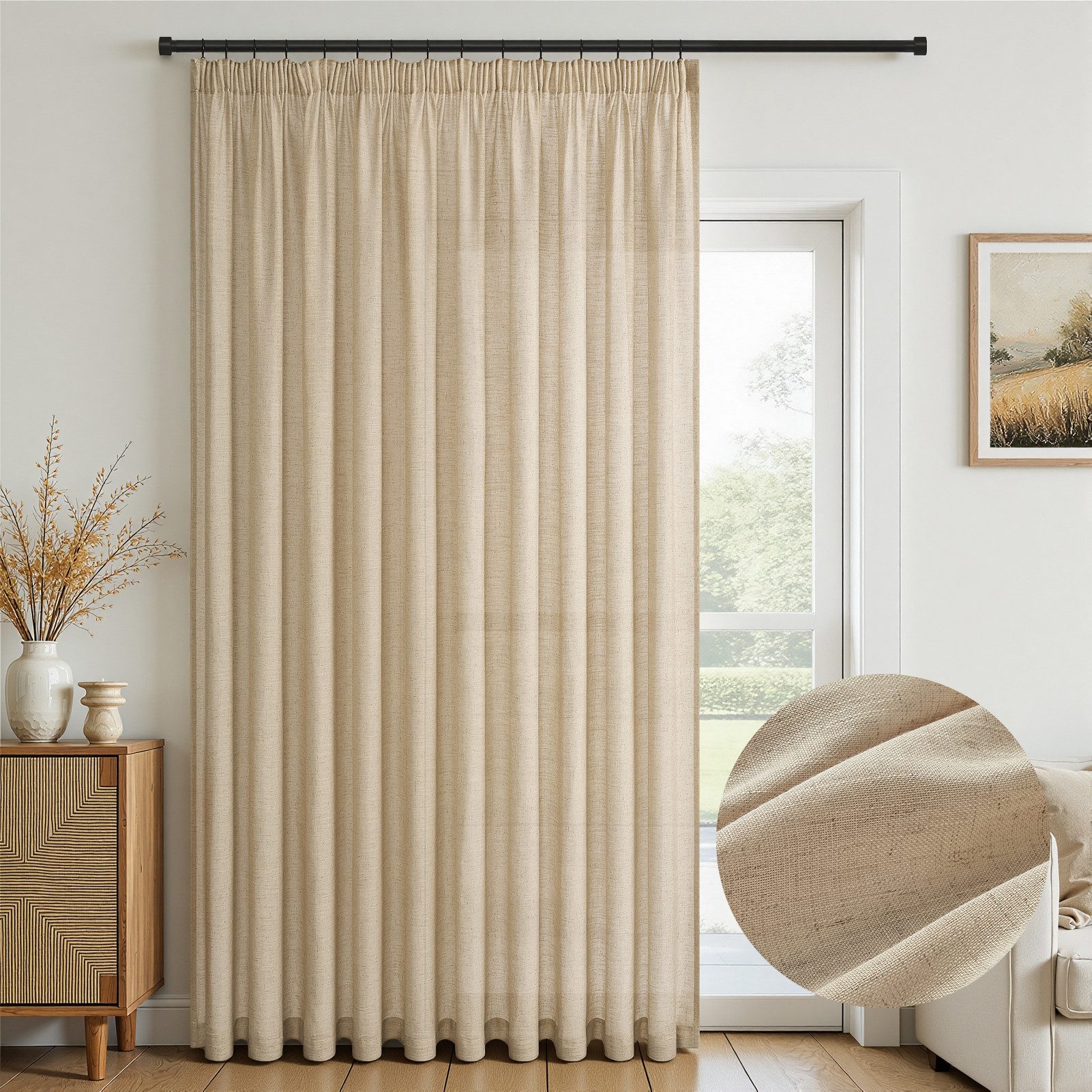 Topfinel Gardine Leinenoptik vorhänge mit kräuselband halbtransparent wohnzimmer (1 St), Kräuselband, halbtransparent, modern boho Hellbraun 300x240cm kinderzimmer Schlafzimmer Esszimmer