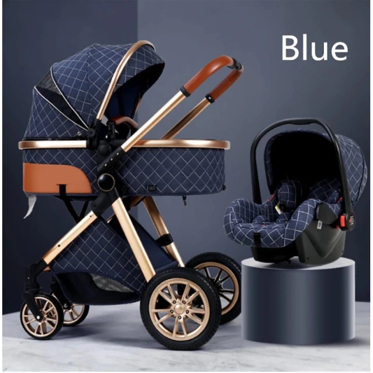 Kinderwagen TPFLiving Babyschale in Baby Kombi-Kinderwagen Moskitonetz Buggy Babywanne Zubehörset Windeltasche, inkl. Regenschutz 3 1 Blau