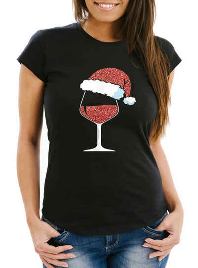 MoonWorks Print-Shirt Damen T-Shirt Weihnachten Lustig Weinglas Weihnachtsmütze Prost Alkoho mit Print