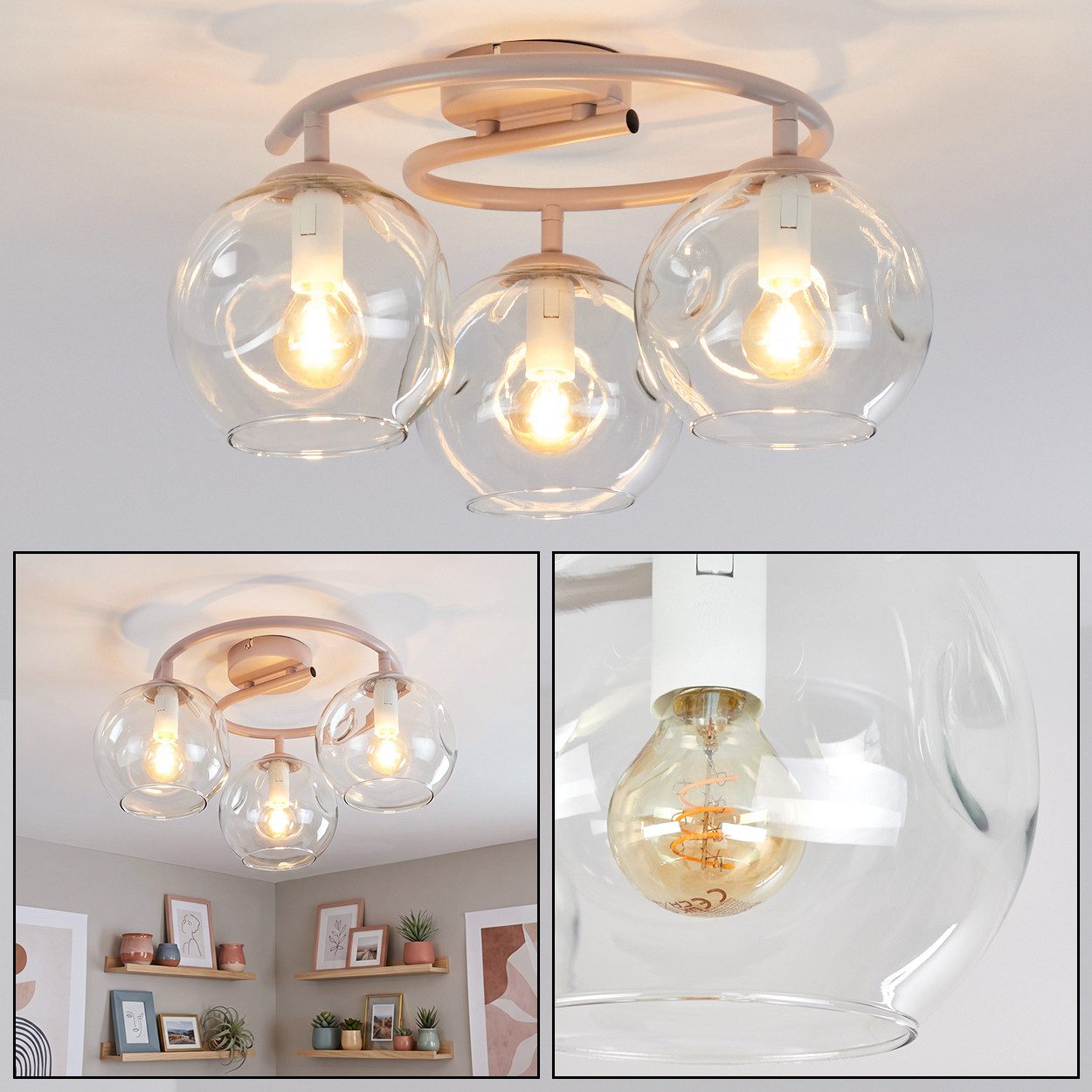 hofstein Deckenleuchte Deckenlampe aus Metall/Glas in Sandfarben/Weiß/Klar, moderne Deckenleuchte im Retro/Vintage-Design, 3 x E14