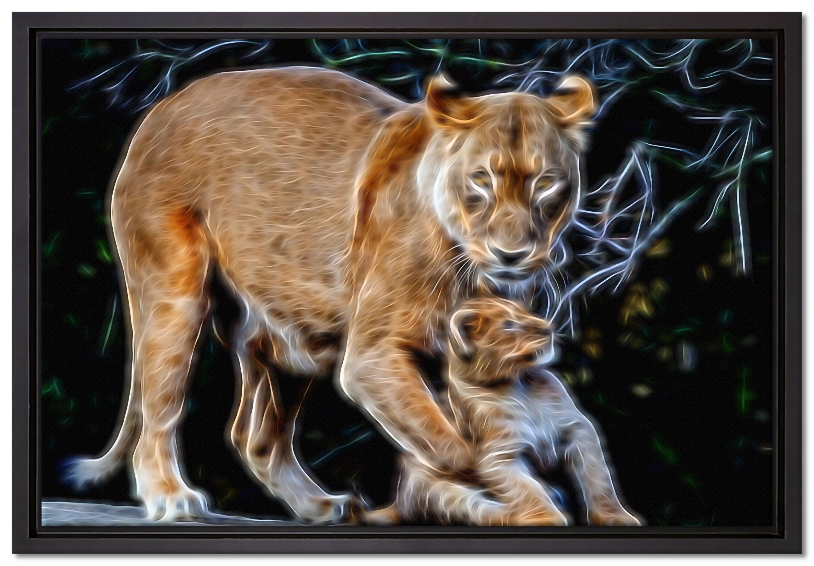 Pixxprint Leinwandbild Löwin spielt inkl. Jungtier, in Zackenaufhänger Leinwandbild mit einem Schattenfugen-Bilderrahmen Wanddekoration St), (1 bespannt, fertig gefasst
