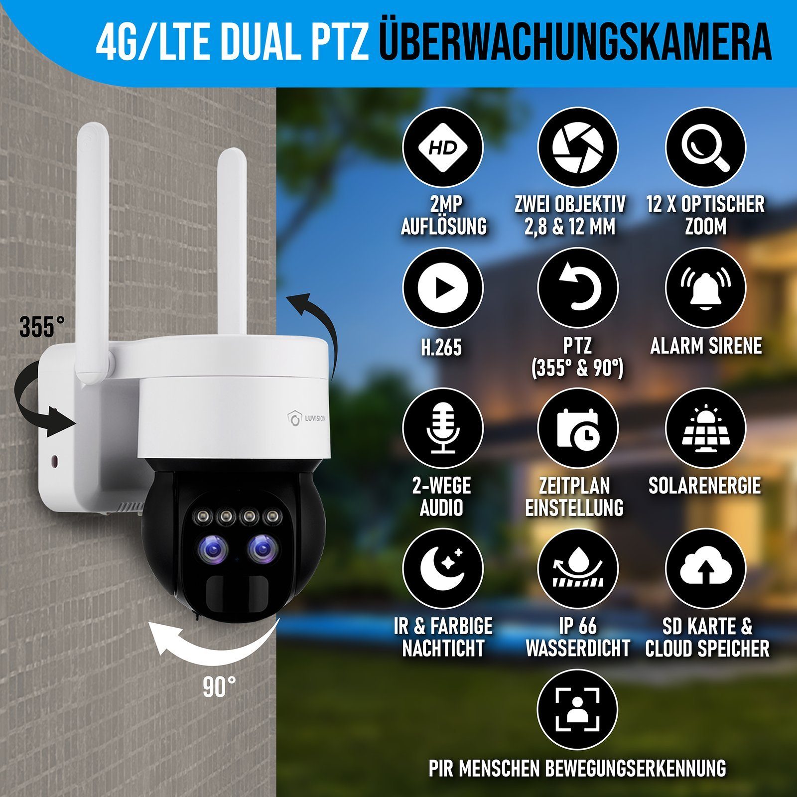 LUVISION Überwachungskamera LV-G-2043 (Außenbereich, 1-tlg., 4G / LTE PTZ Solar Akku Überwachungskamera Kamera für SIM Karte, 12 x optischer Zoom, Sirene, Duo Objektiv, Gegensprechfunktion)