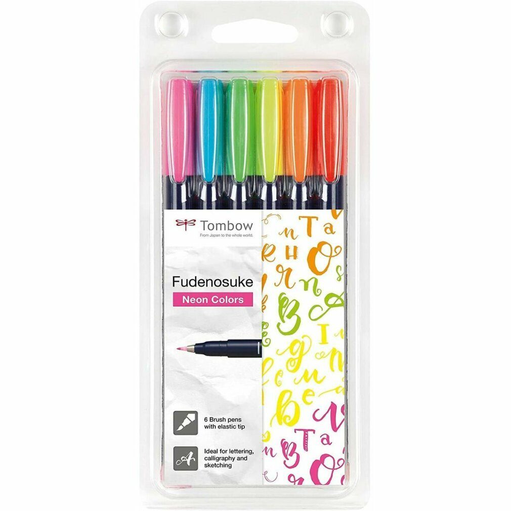 TOMBOW Kalligraphie-Stift Pinselstift-Brush Pen Fudenosuke 6er-Et. Neon- farben WSBH6P