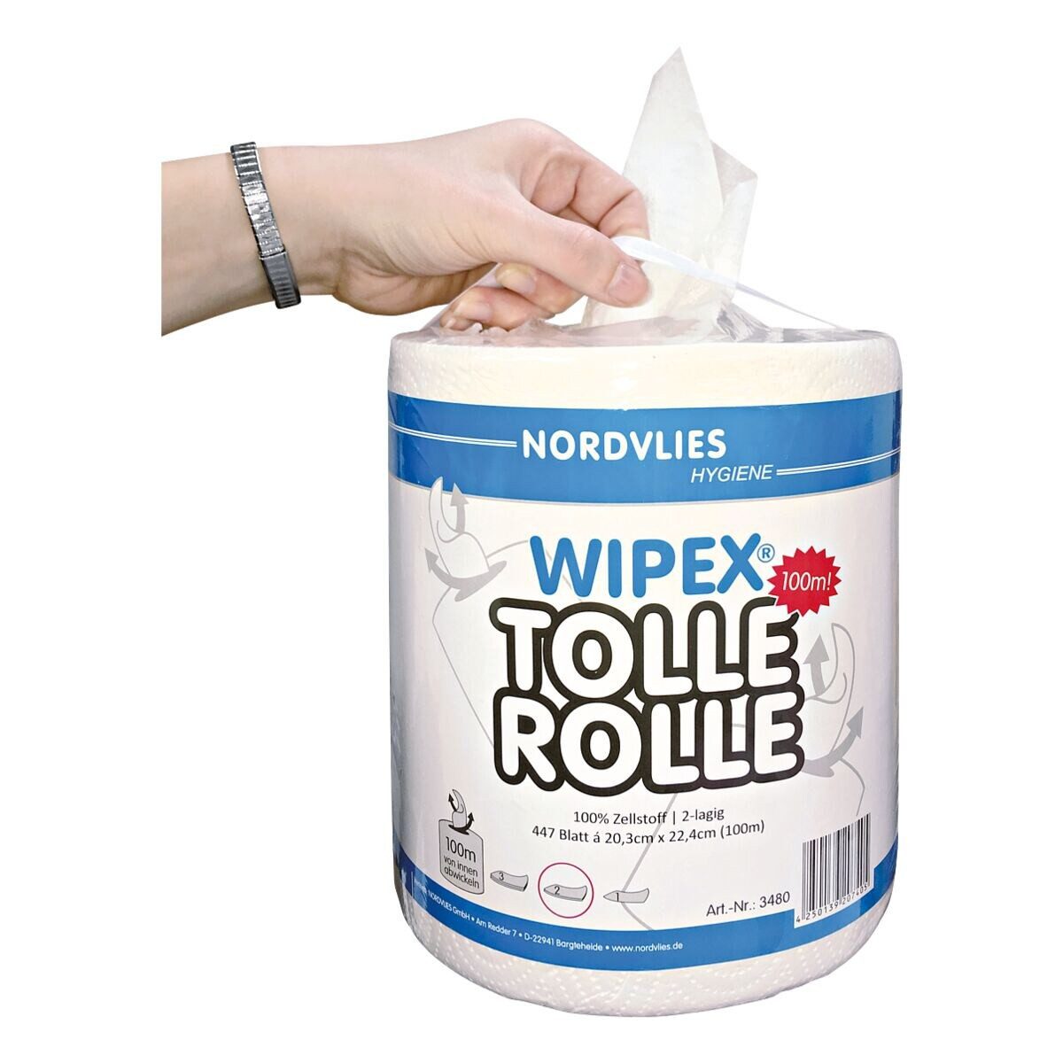 WIPEX Papierhandtuch, 2-lagig, Zellstoff, Rolle, 20,3x22,4 cm, hochweiß, 447 Blatt