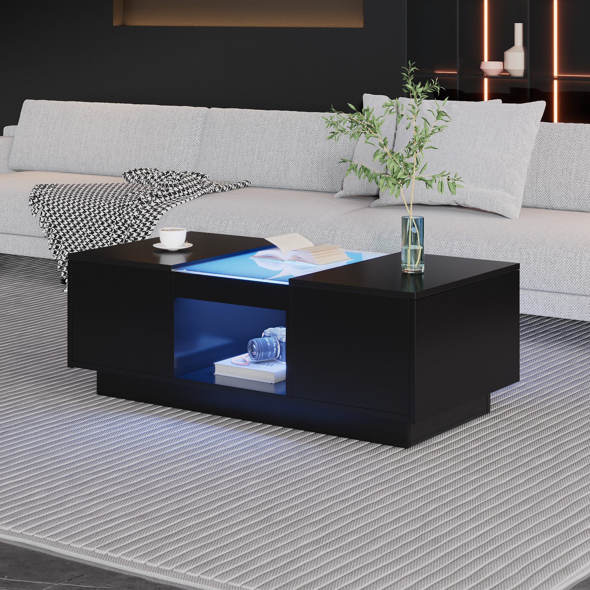 REDOM Couchtisch Hochglanz Couchtisch mit LED-Licht & Stauraum (Packung, 100x50x35,5cm in Schwarz mit Glasverkleidung), 2 Schubladen und 1 offenes Fach für Wohnzimmer