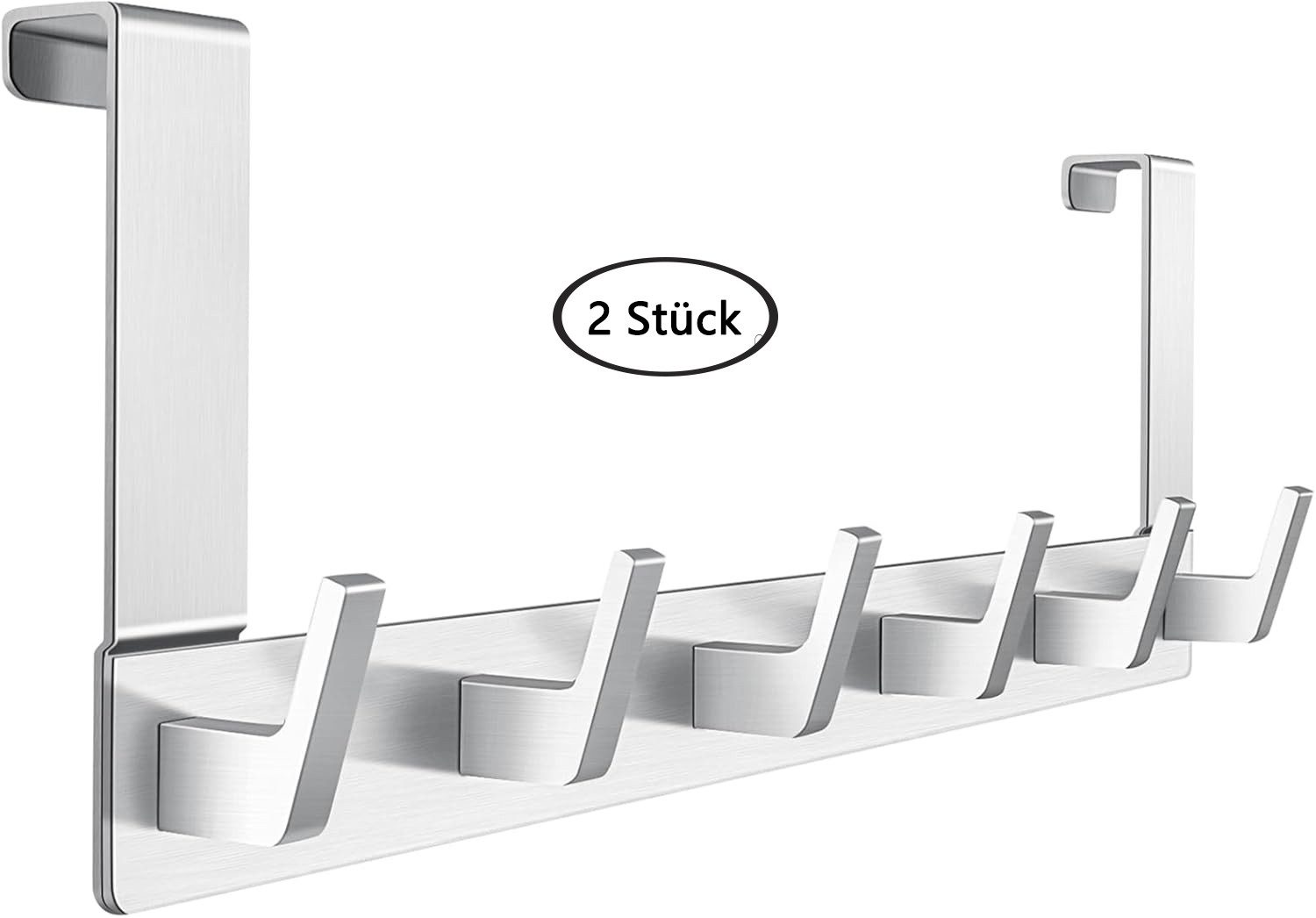 Refined Living Türhaken Türgarderobe zum Einhängen mit 6 Haken, ohne Bohren, Rostfrei, Schlafzimmer, Tür, für Flur, Bad und Küche, (Hakenleiste Bad, Türgarderobe, Ohne Bohren Türhaken, Platzsparende Türhaken, Türhaken zum Einhängen, 2-St., Arbeitszimmer, Kleiderhaken Tür, Handtuchhaken Tür, Türgarderobe), Robust & Langlebig, Vielseitig einsetzbar