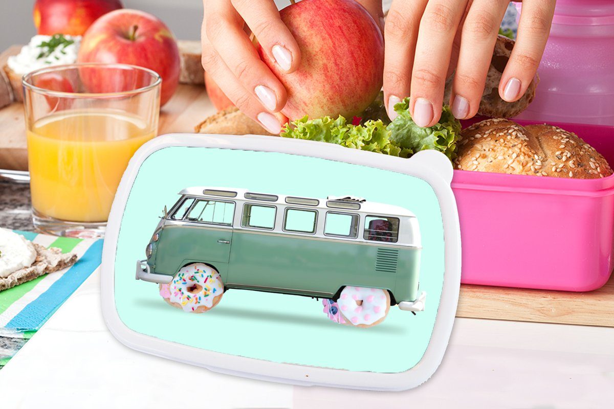 Kinder, Lunchbox Brotdose rosa Brotbox Mädchen, Kunststoff, Auto Donuts MuchoWow Kunststoff - (2-tlg), Lieferwagen - - Snackbox, für Erwachsene, Grün,