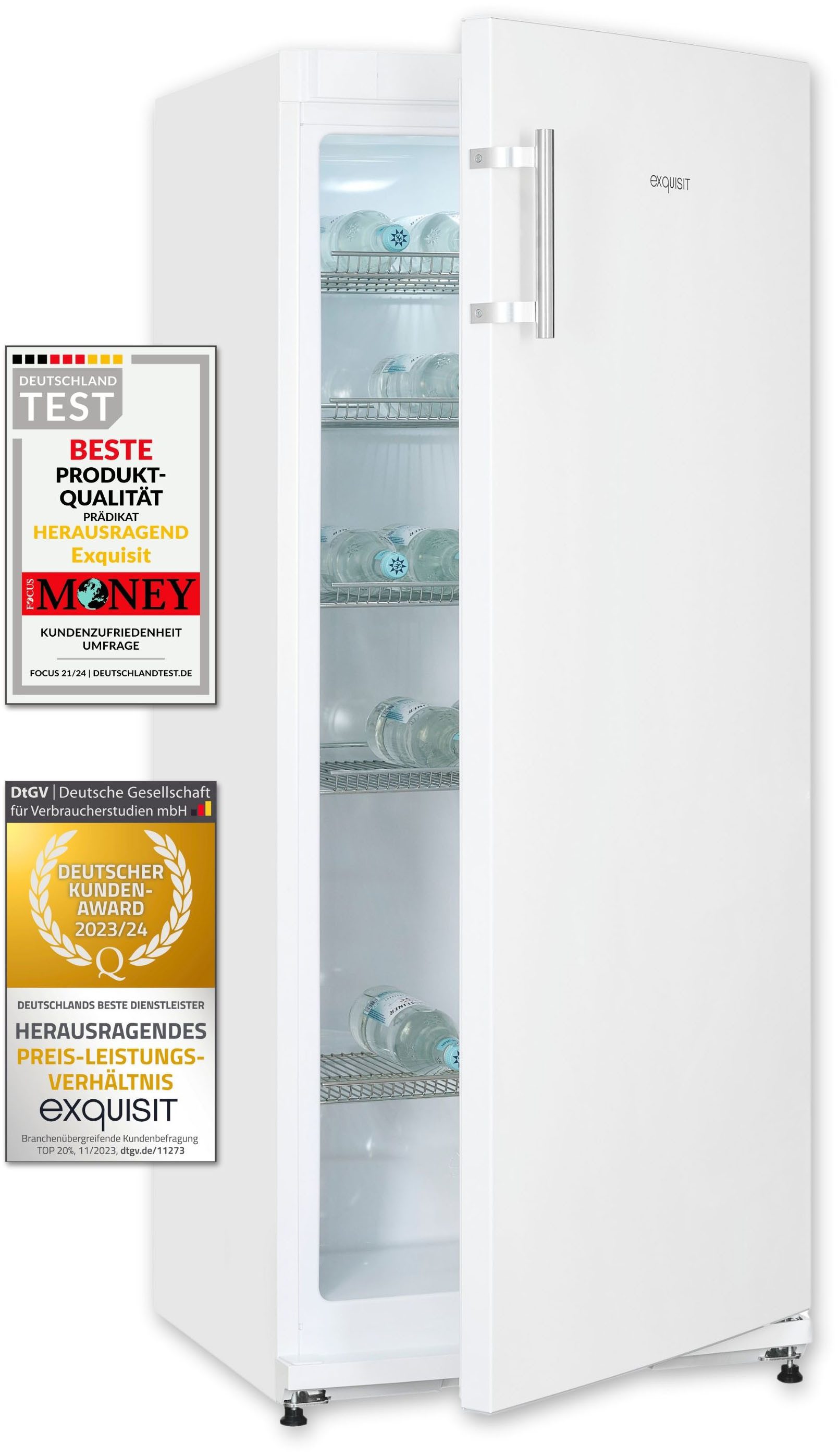 exquisit Getränkekühlschrank 5 robuste Gitterablagen zur Lagerung von Flaschen oder Getränkekisten GKS29-V-H-280E weiss, 145,5 cm hoch, 60 cm breit, Praktisch & übersichtlich: 254 L Kühlschrank mit Gitterablagen & LED