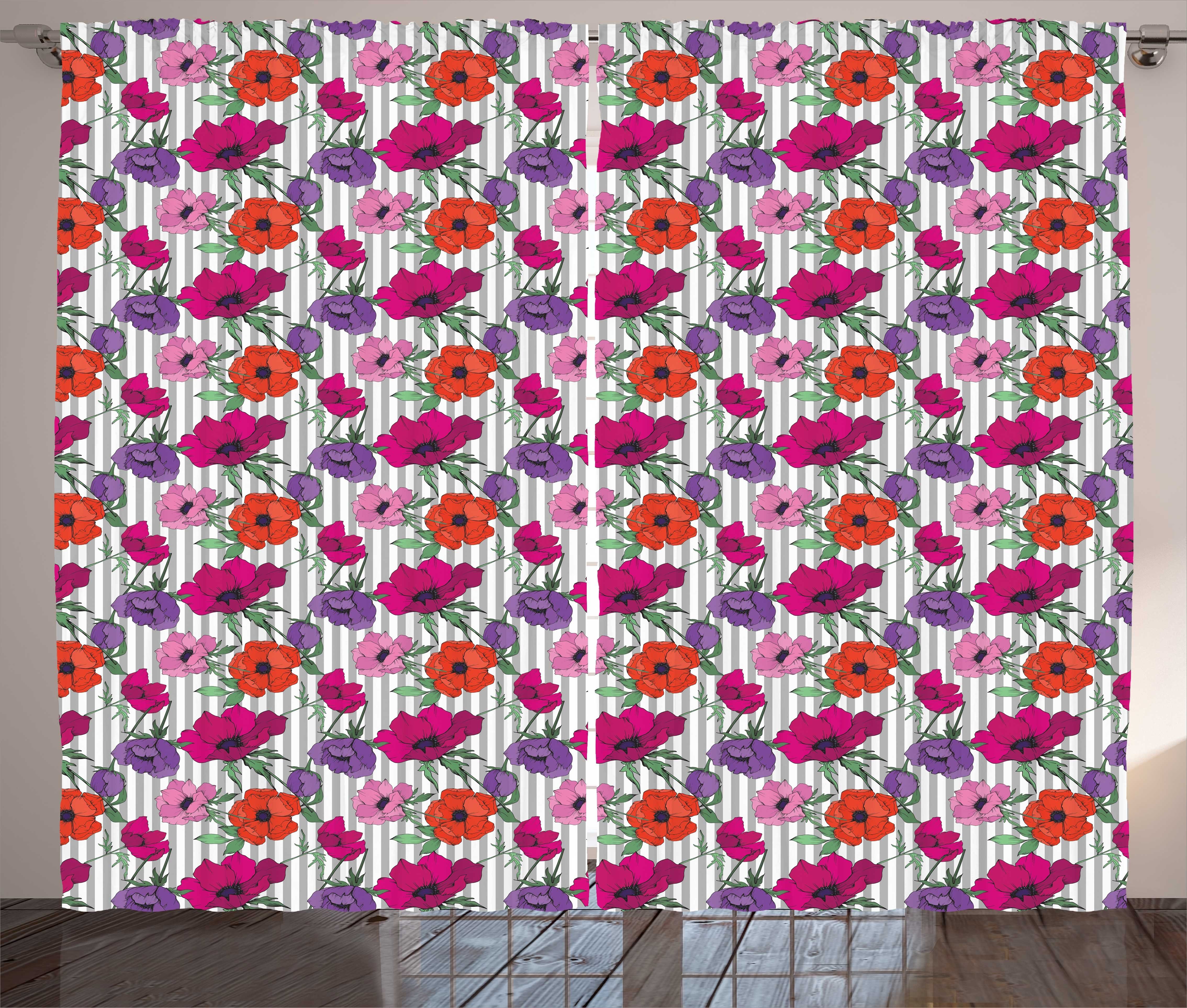 Gardine Schlafzimmer Kräuselband Vorhang mit Schlaufen und Haken, Abakuhaus, Blumen Bunte Anemonen-Blumen