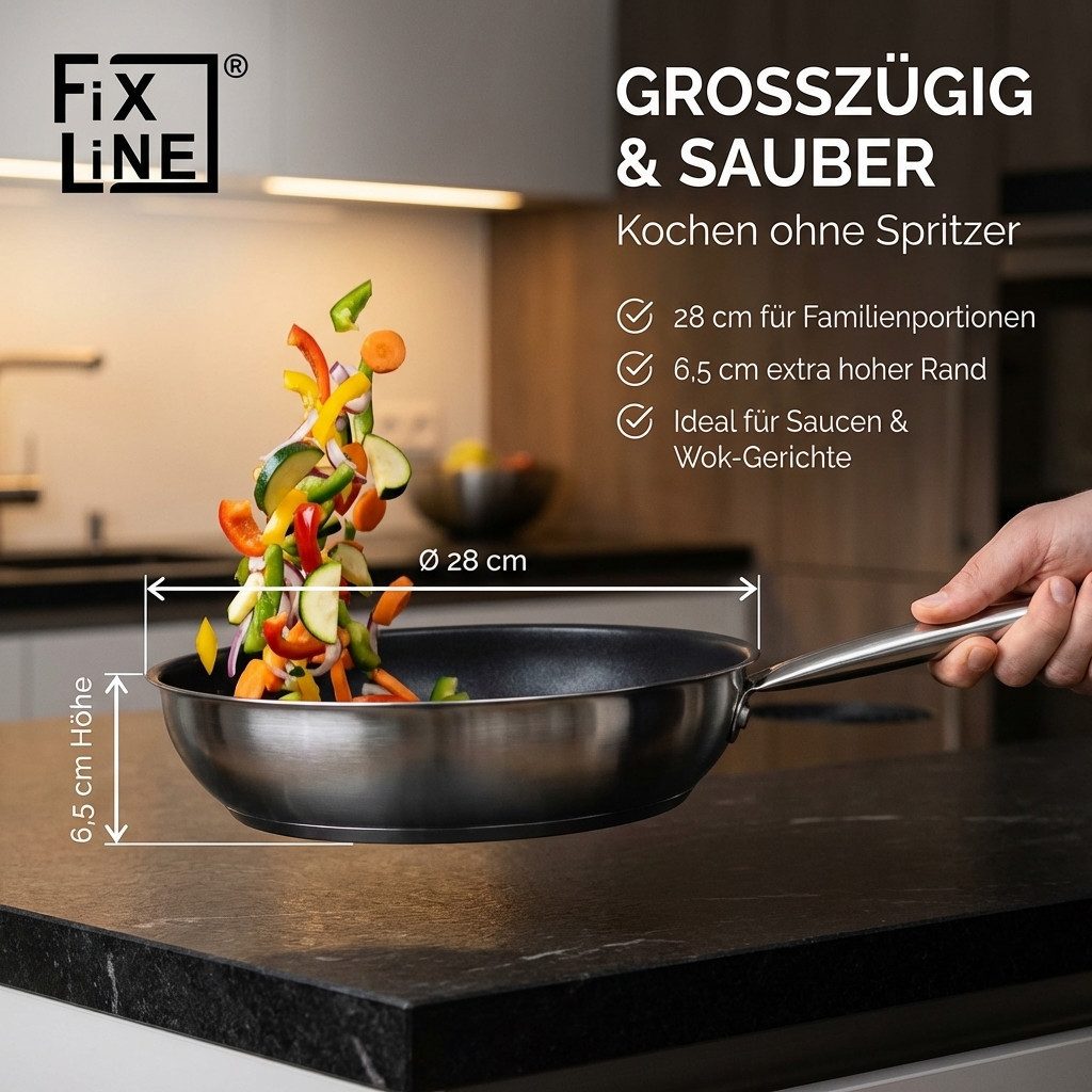 FIXLINE Schmorpfanne 28cm Black Forest Edition Beschichtet und einfache Reinigung, Edelstahl (Einzel, 1 Pfanne), Lieblingspfanne in deiner Küche