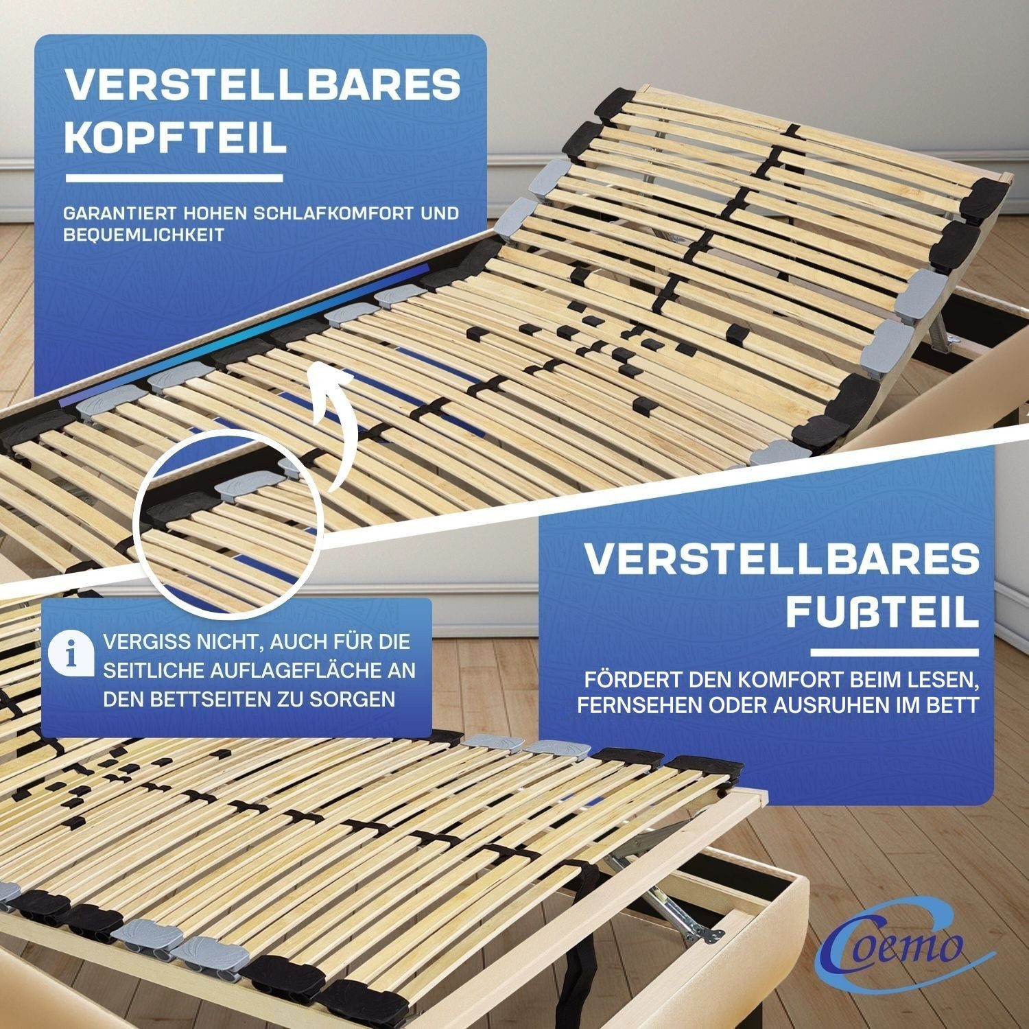 Lattenrost PREMIUM KF, Coemo, Kopfteil manuell verstellbar, Fußteil manuell verstellbar, 80x200 cm sehr stabiler Lattenrost 42 Leisten Trio Kappen zerlegt DIY