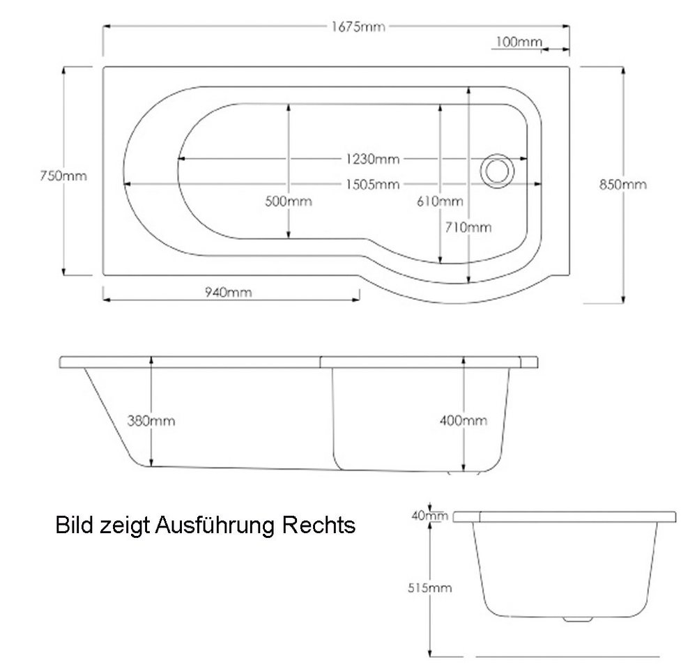 Thumbnail - HAK Badewanne SKALI Badewanne, links, 167,5x85/75x40 cm