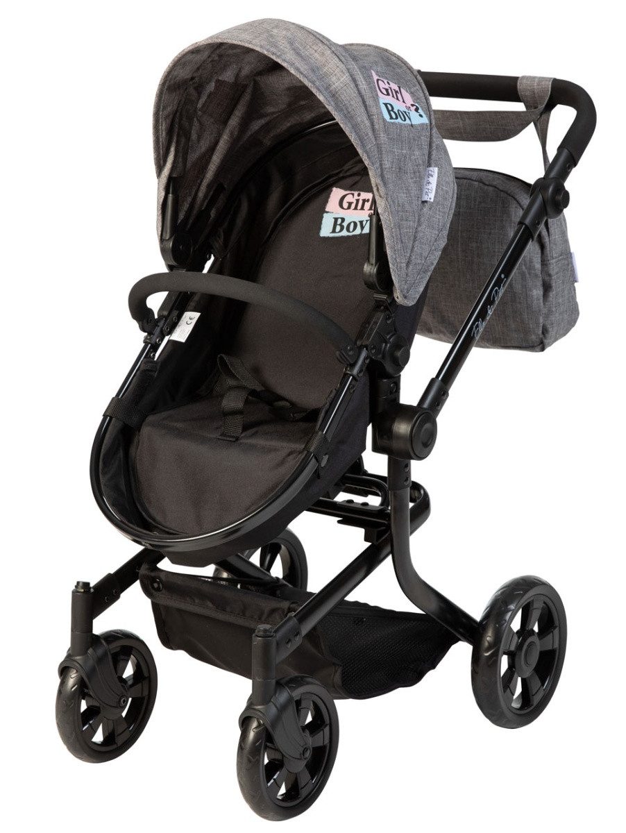ELLA & PIET® Kombi-Puppenwagen Puppenwagen MOOVE4 mit wechselbarer Winddecke 2in1 (Schwarz-Grau), Puppenbuggy, Kinderwgen für Puppen