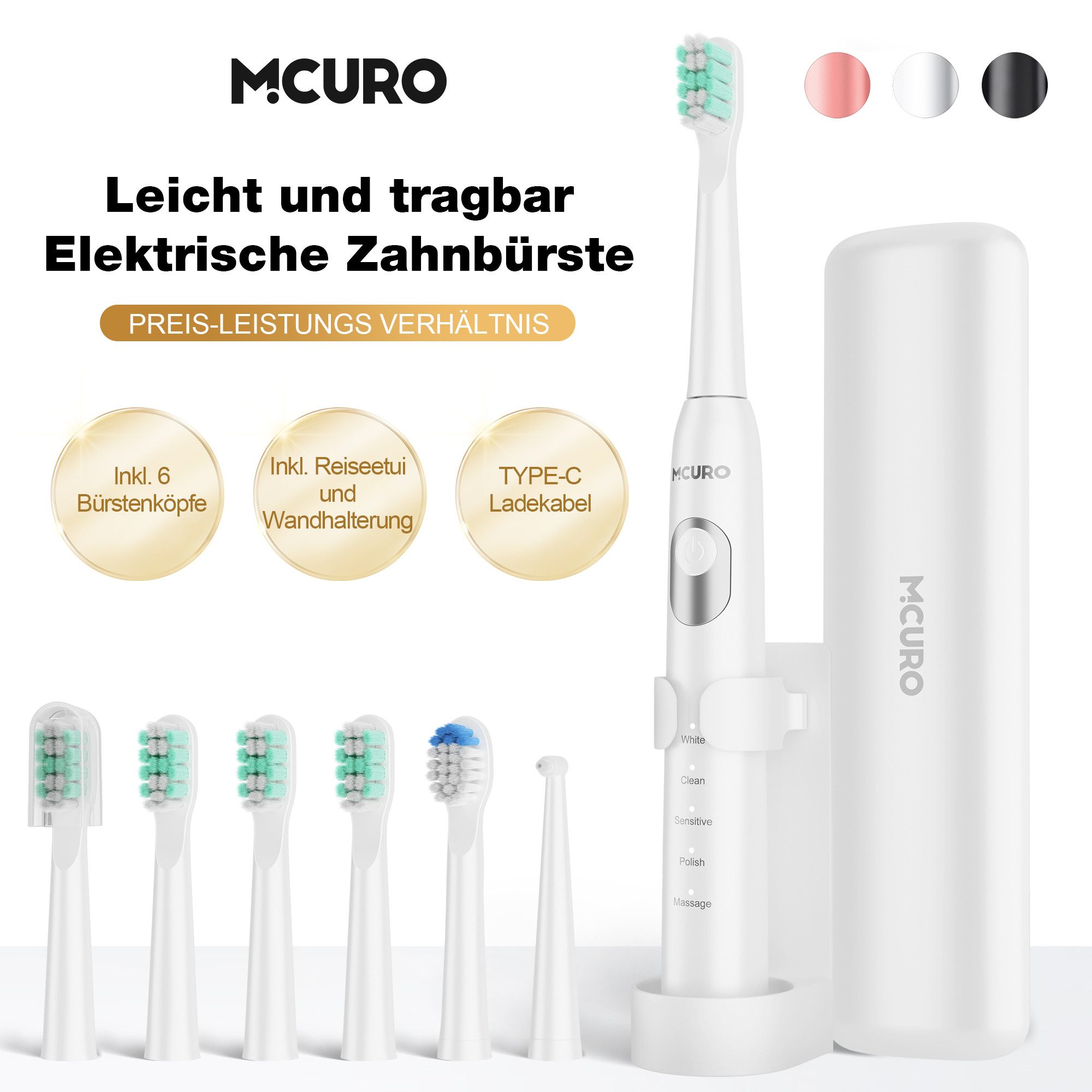 MCURO Schallzahnbürste Schallzahnbürste für Zahnpflege 40000 VPM, 5 Putzmodi, Aufsteckbürsten: 6 St., Reise Zahnbürsten,Timer,TYPE-C aufladbar