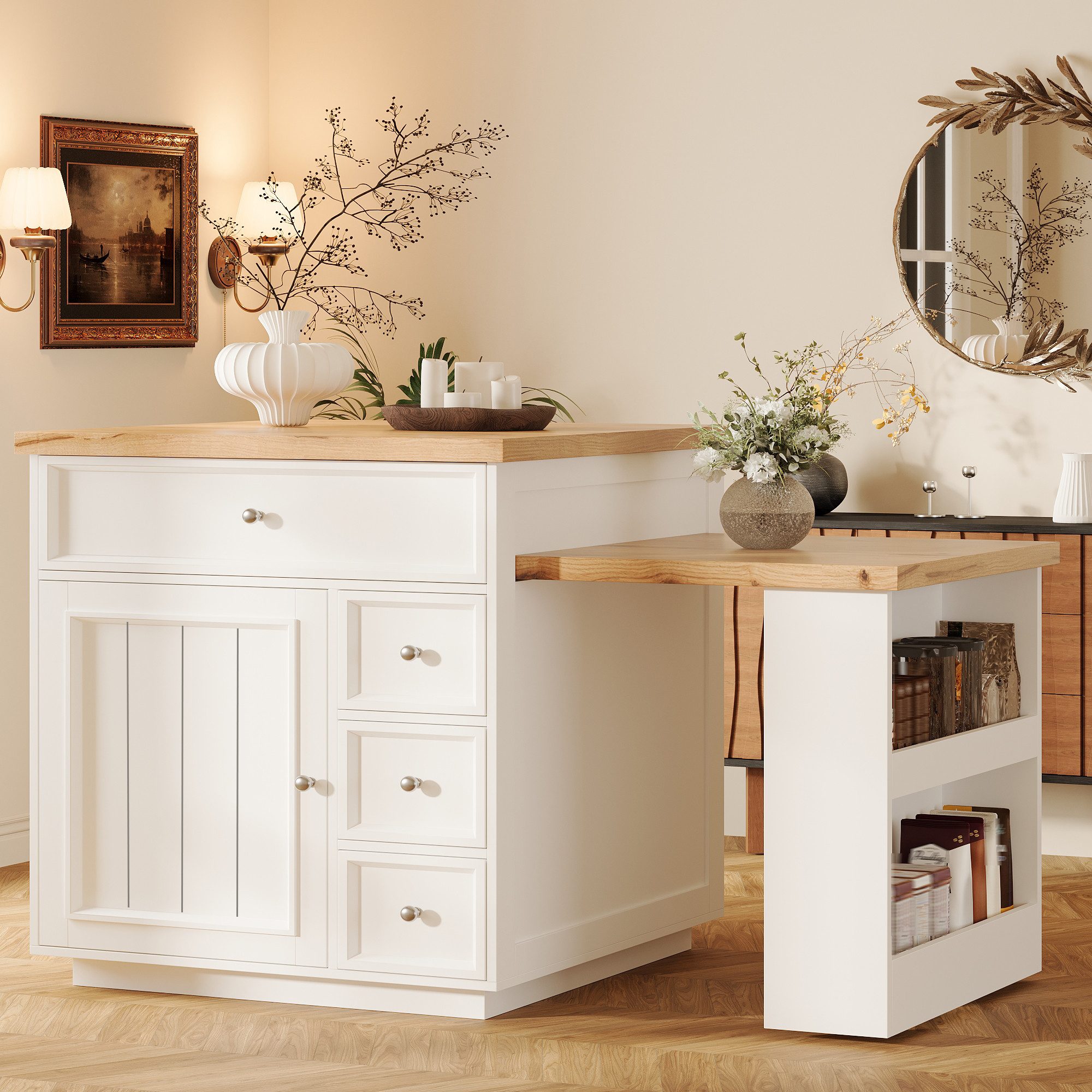 KLAM HOME Kücheninsel Ausziehbare Kücheninsel Weiß mit Rollen & Holzoptik-Arbeitsplatte, (Fahrbare Thekeninsel 120–184 cm mit vielen Schubladen für Küche), Vielseitige Küchentheke aus MDF mit feststellbaren Laufrollen
