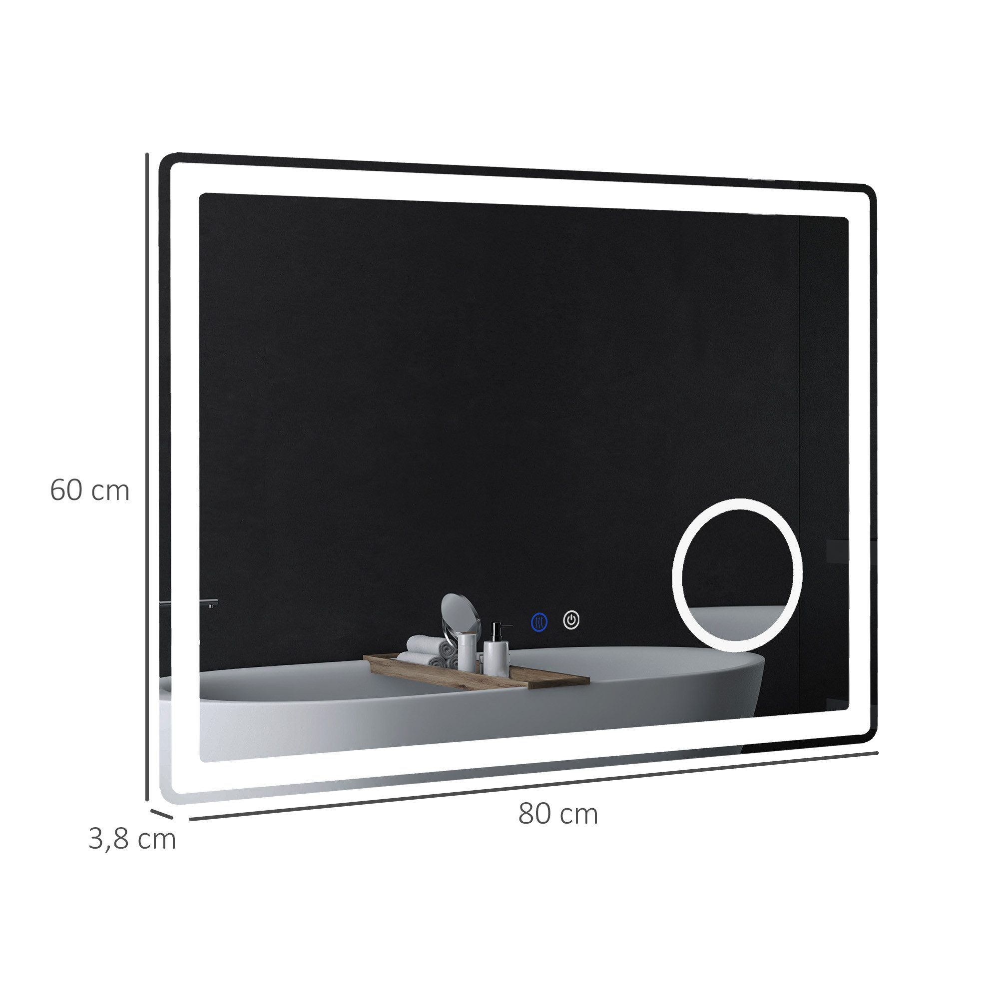 Kleankin Spiegel LED Badezimmerspiegel, Badspiegel mit 3x Vergrößerung (80 x 60 cm Wandspiegel mit Touch-Funktion, 1-St., Memory-Funktion), beschlagfreier Lichtspiegel mit 3 Lichtfarben