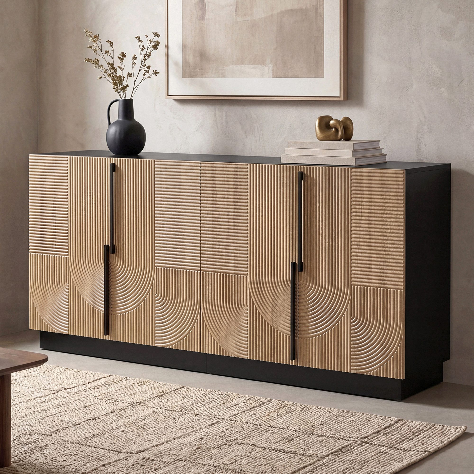 Merax Sideboard mit Relieffront, Wohnzimmerschrank Flurschrank Esszimmerschrank (1 St), Kommode mit 4 Türen, Metallgriffe & Stauraum, 160x42x76cm