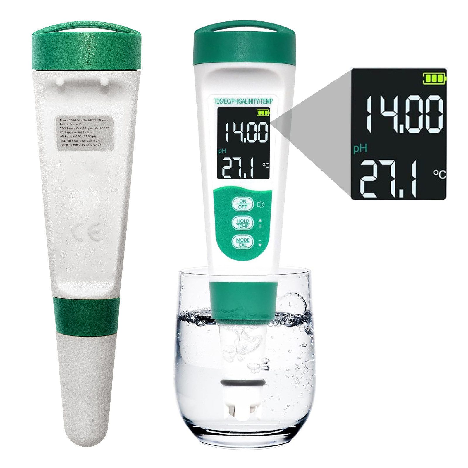 OKWISH pH-Messgerät 5-in-1 pH- und Wasserqualitätsmessgerät, (mit übersichtlicher Tastensteuerung und Displaybeleuchtung, 1-tlg., TDS- Leitfähigkeits- Salzgehalts- und Temperaturtester), für Haushalt Aquarium Pool und Trinkwasser