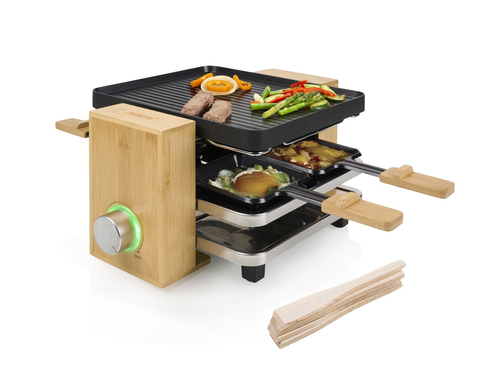 PRINCESS Раклетници, 800 W, Kleiner Bambus Design Tischgrill für 2-4 Personen, Pfännchen Parkdeck