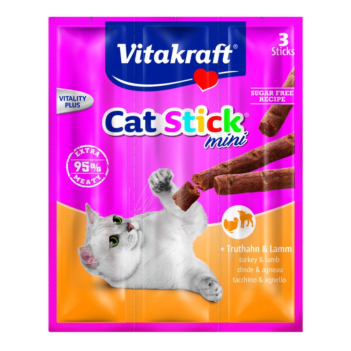 Vitakraft Katzensnack Cat-Stick mini Truthahn & Lamm, 3 x 6g, Snack für: Katzen