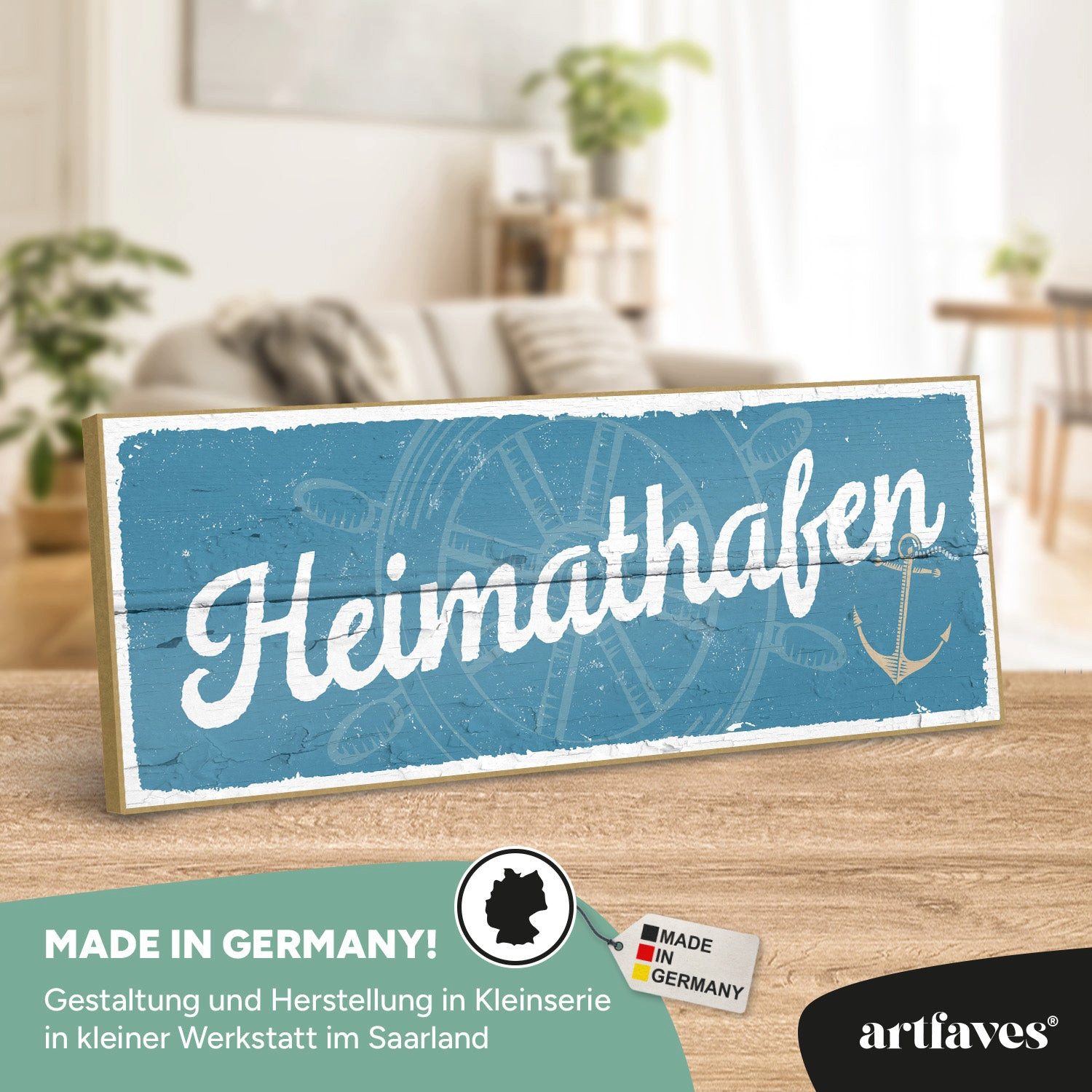 ARTFAVES Holzbild Schild mit Spruch - Heimathafen - Zuhause, Nordsee, Meer, Strandhaus