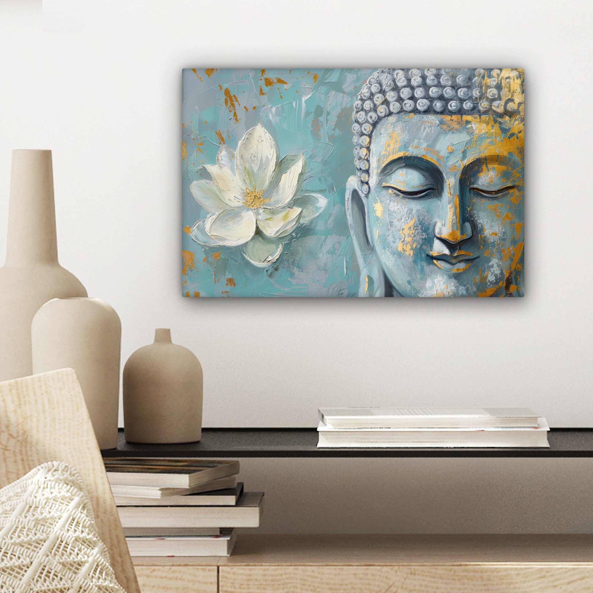 OneMillionCanvasses® Leinwandbild Buddha - Blume - Lotus - Gold - Blau, Fotodruck (1 St), Leinwand Bilder Klein, Wand Dekoration Aesthetic 30x20 cm
