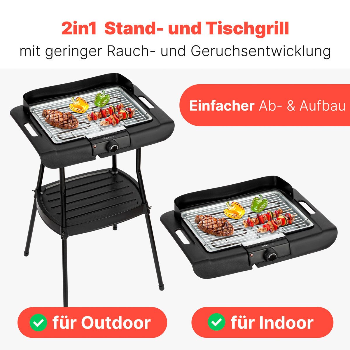 CLATRONIC Elektro-Standgrill BQS 3842, Stand-/Tischgrill, innen und außen, 2000W