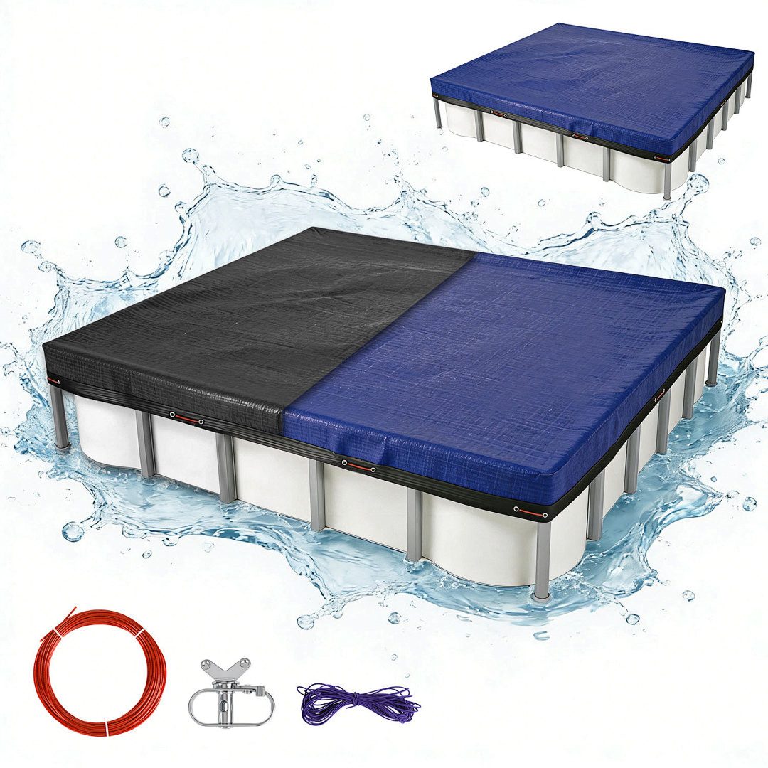 Clanmacy Pool-Abdeckplane rechteckig PE Blau/Schwarz mit Ösen & Stahlseil