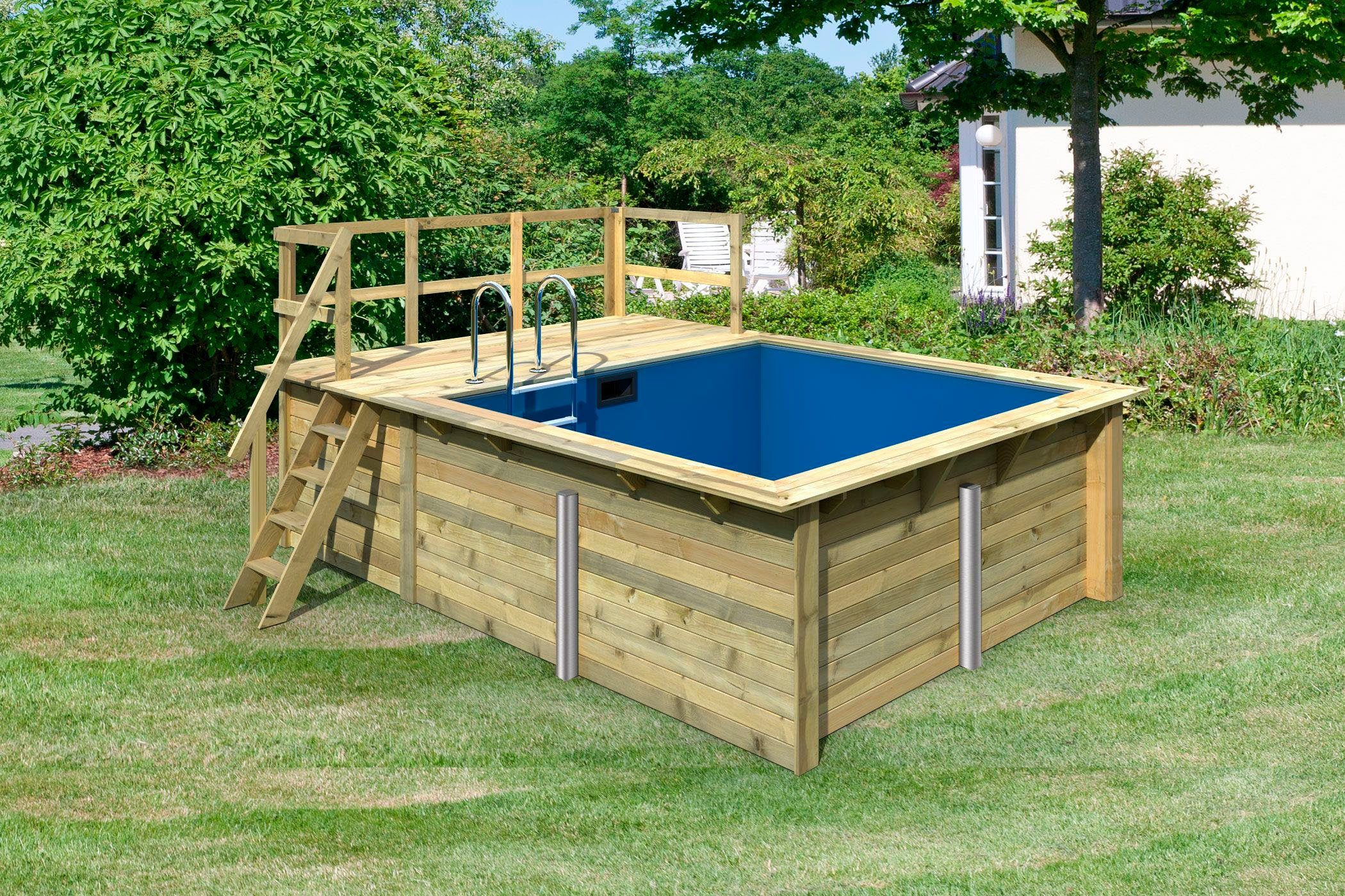Karibu Rechteckpool Milano A BxLxH: 462x353x124cm (Komplett-Set, 11-tlg), 44 mm starke kesseldruckimprägnierte Holzbohlen aus Fichtenholz