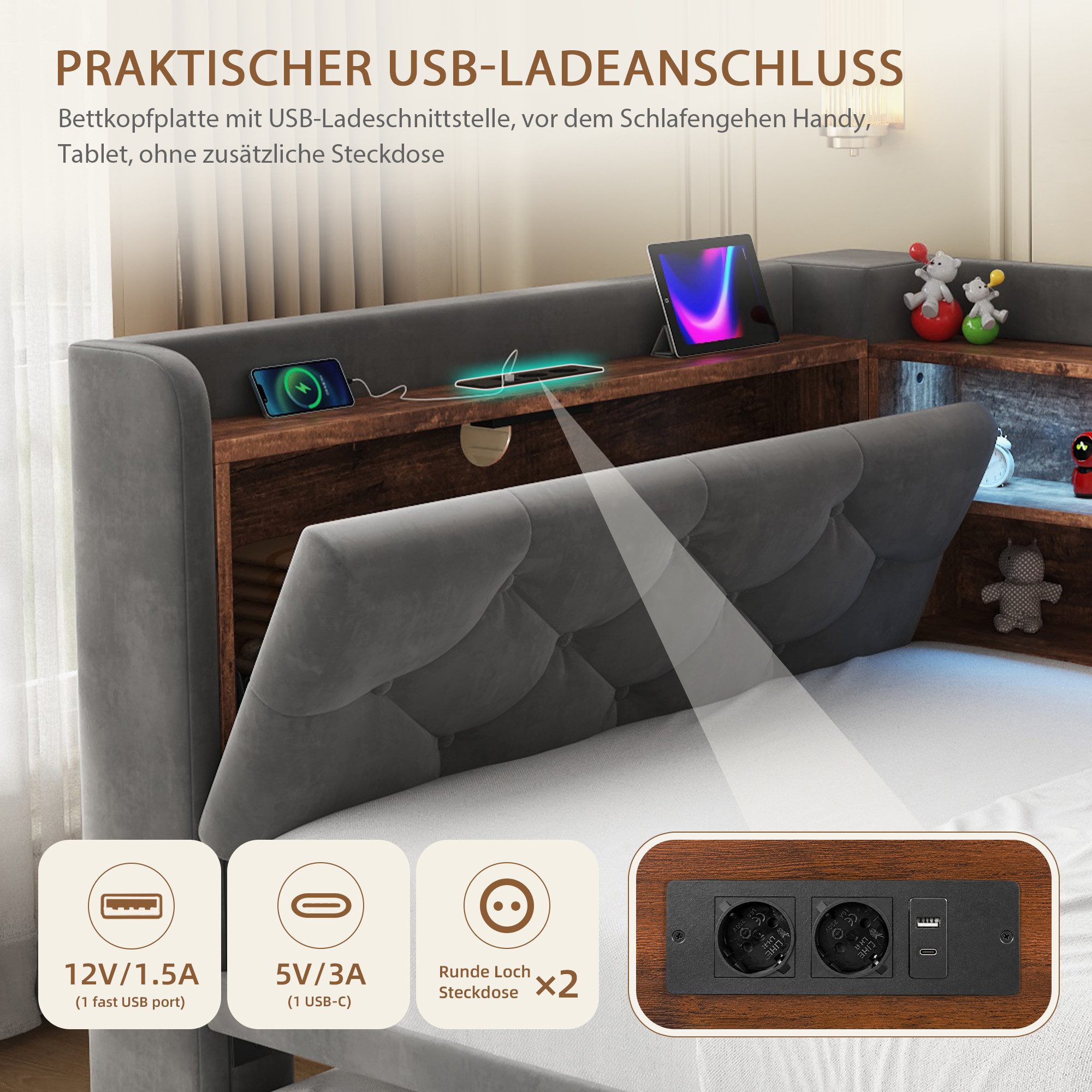 Celya Polsterbett 90x190 cm Schlafsofa Bettgestell ausziehbar, mit Stauraum (ohne Matratze, mit Ablagefläche, LED Licht, USB und Type-C) – Bild 4 von 5