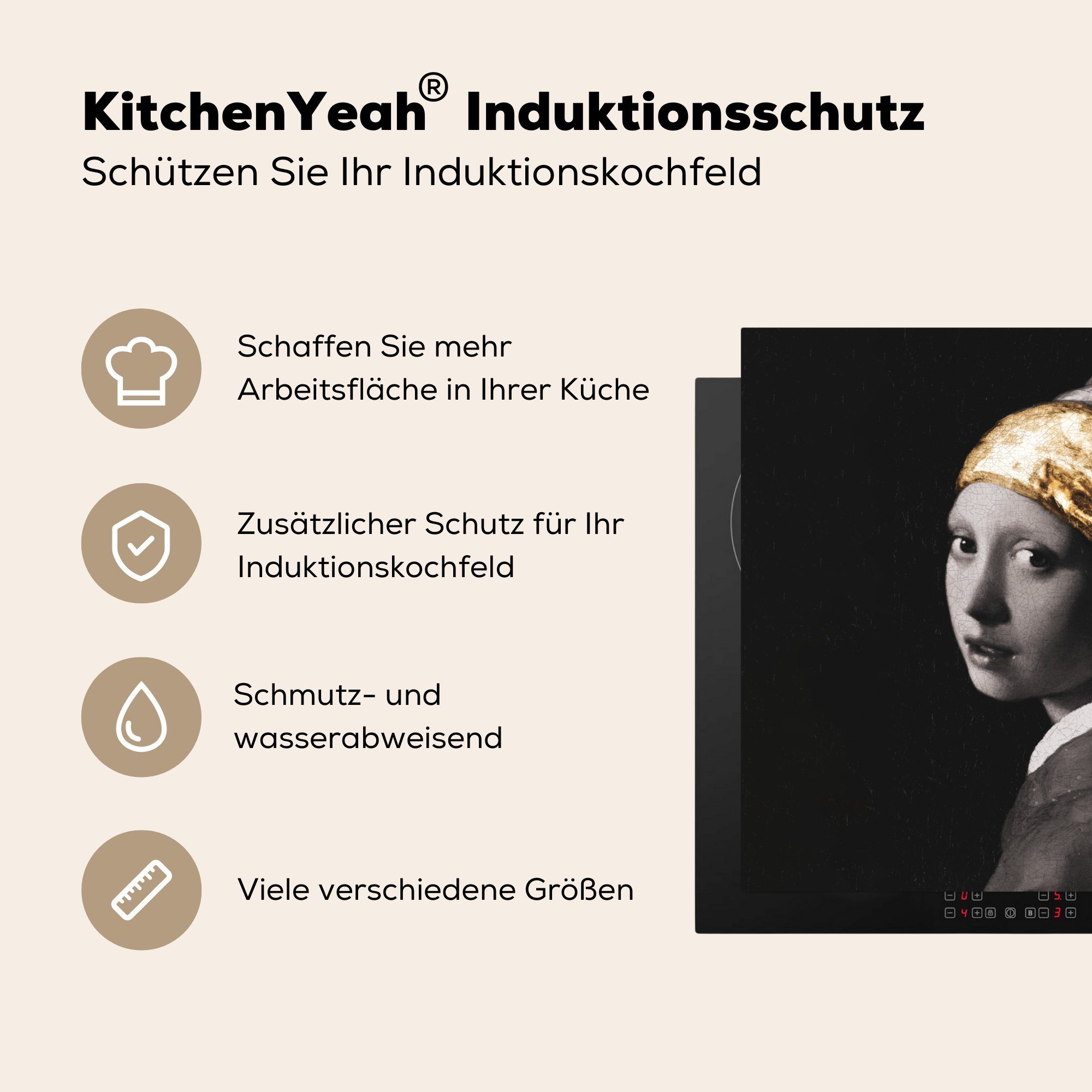 Herdblende-/Abdeckplatte Mädchen mit tlg), cm, Induktionskochfeld Perlenohrring für Gold, - MuchoWow - Vinyl, die küche, Vermeer 71x52 Ceranfeldabdeckung Weiß - Schutz Schwarz - (1