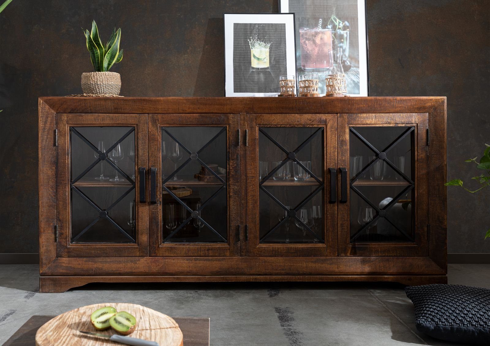 Massivmoebel24 Sideboard STILMÖBEL (Massivholz), Sideboard Mango 193x46x91 braun lackiert STILMÖBEL #117