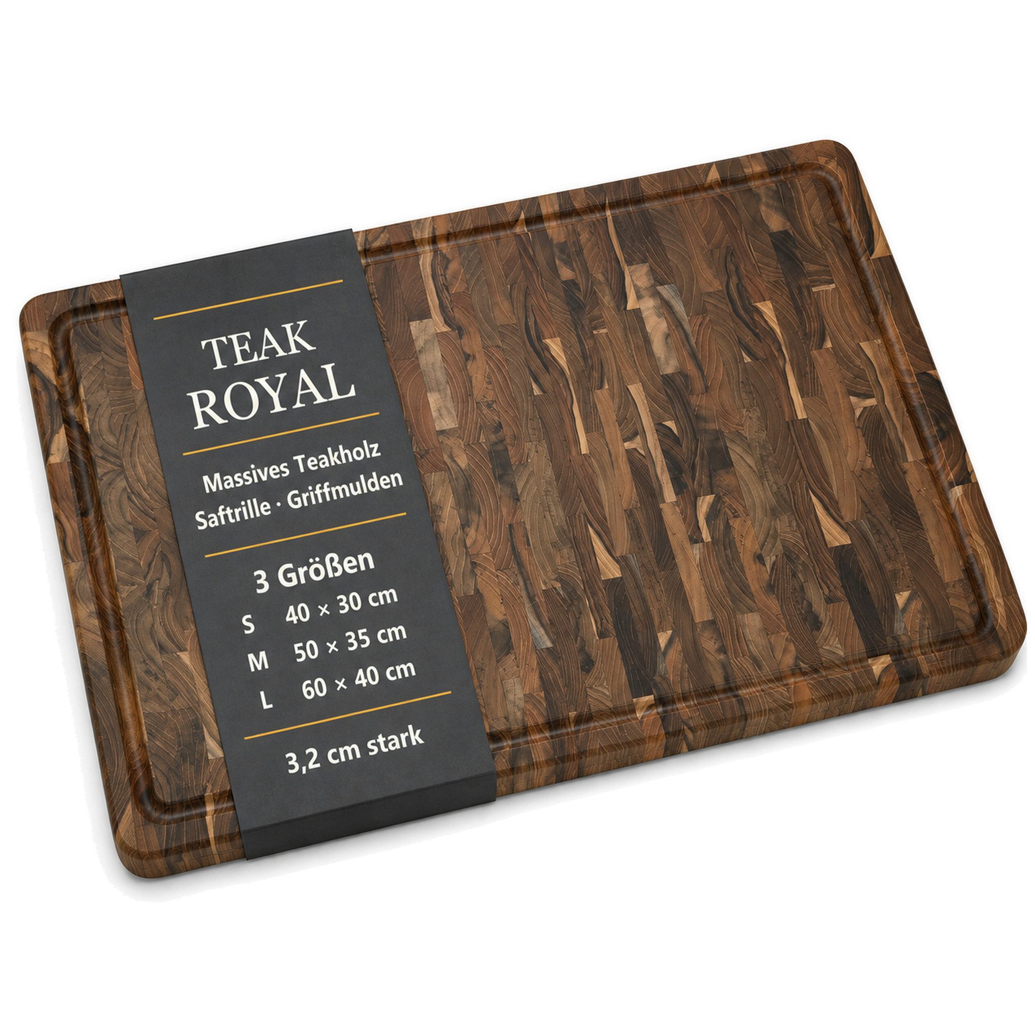 Floordirekt Schneidebrett Teak Royal Endgrain massives Teakholz mit Saftrille Griffmulden, (Einzelartikel, 1-teilig), Endgrain-Verarbeitung