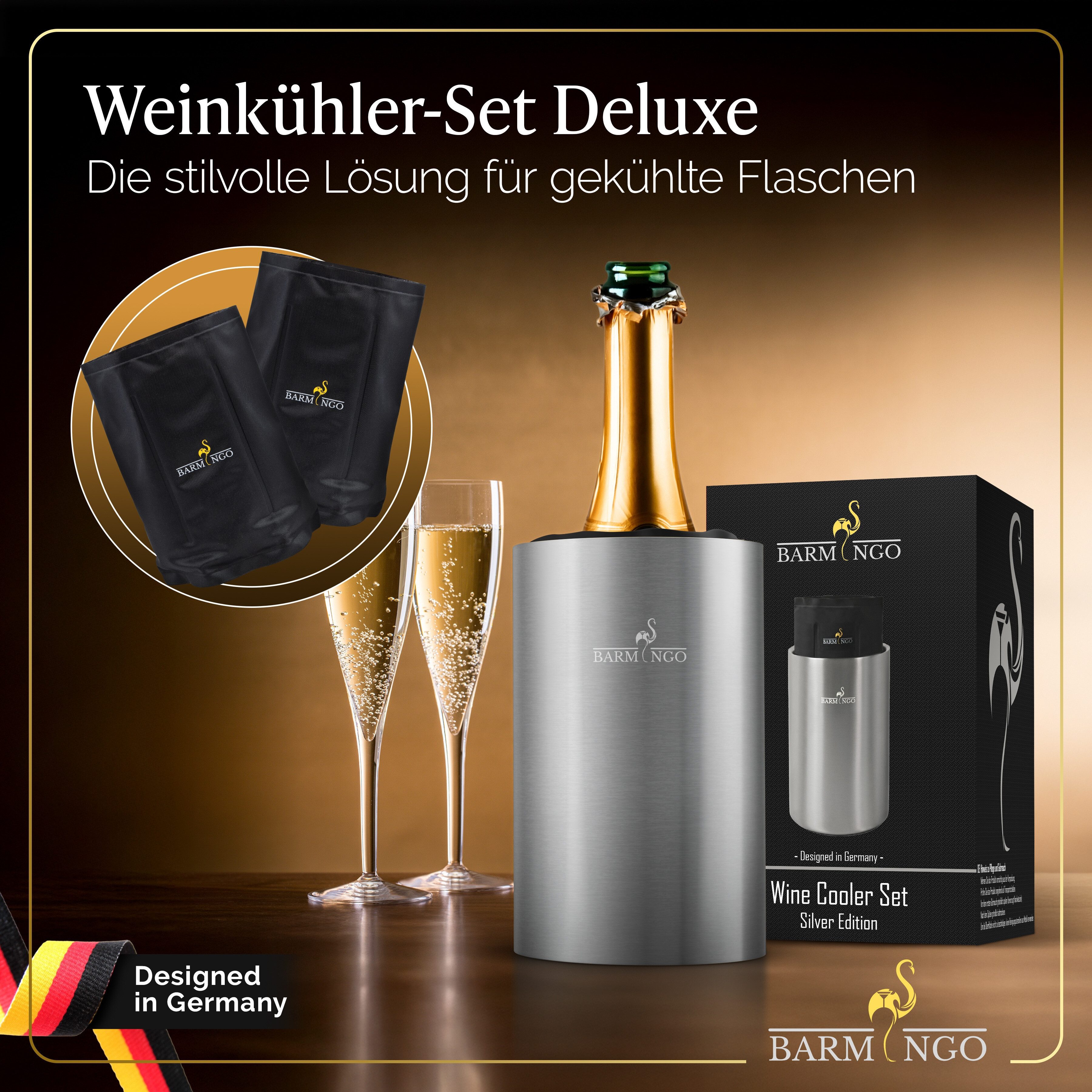 BARMINGO Wein- und Sektkühler Edelstahl mit 2 Kühlmanschetten, Weinflaschenkühler & Getränkekühler, doppelwandiger Flaschenkühler für Wein, Sekt & Champagner