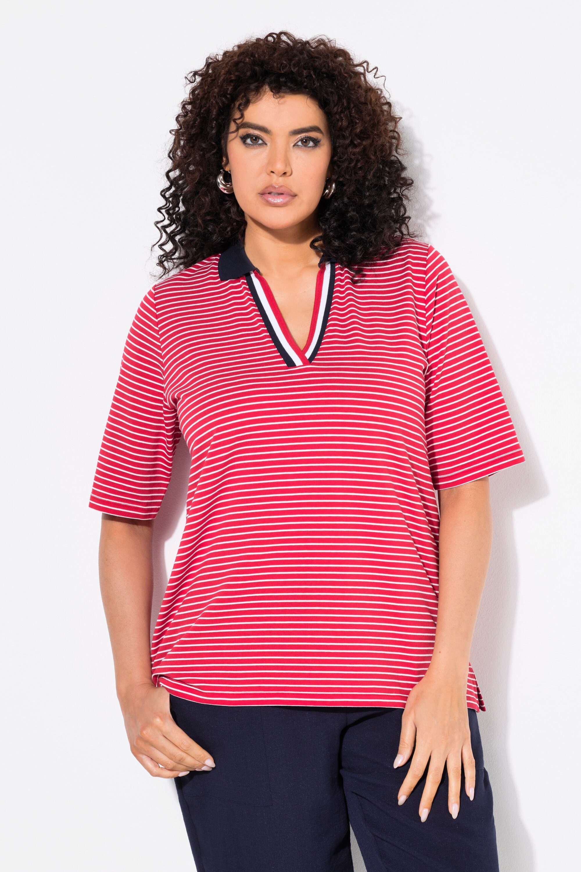 Ulla Popken T-Shirt Ringelshirt Polokragen V-Ausschnitt günstig online kaufen