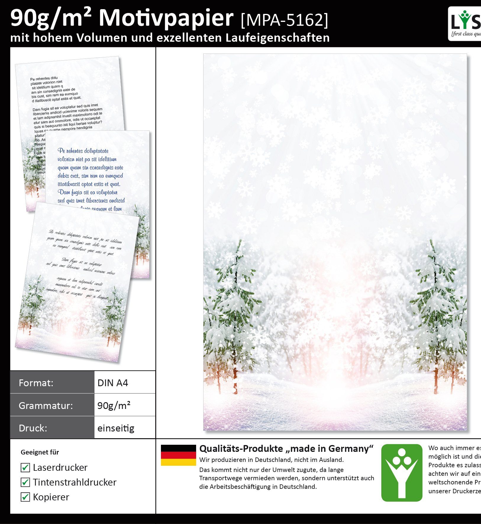 Thumbnail - LYSCO Briefpapier Motivpapier Winterzauber Ski und Schnee DIN A4, gut beschreibbar, winterliches Flair, für alle Drucker...