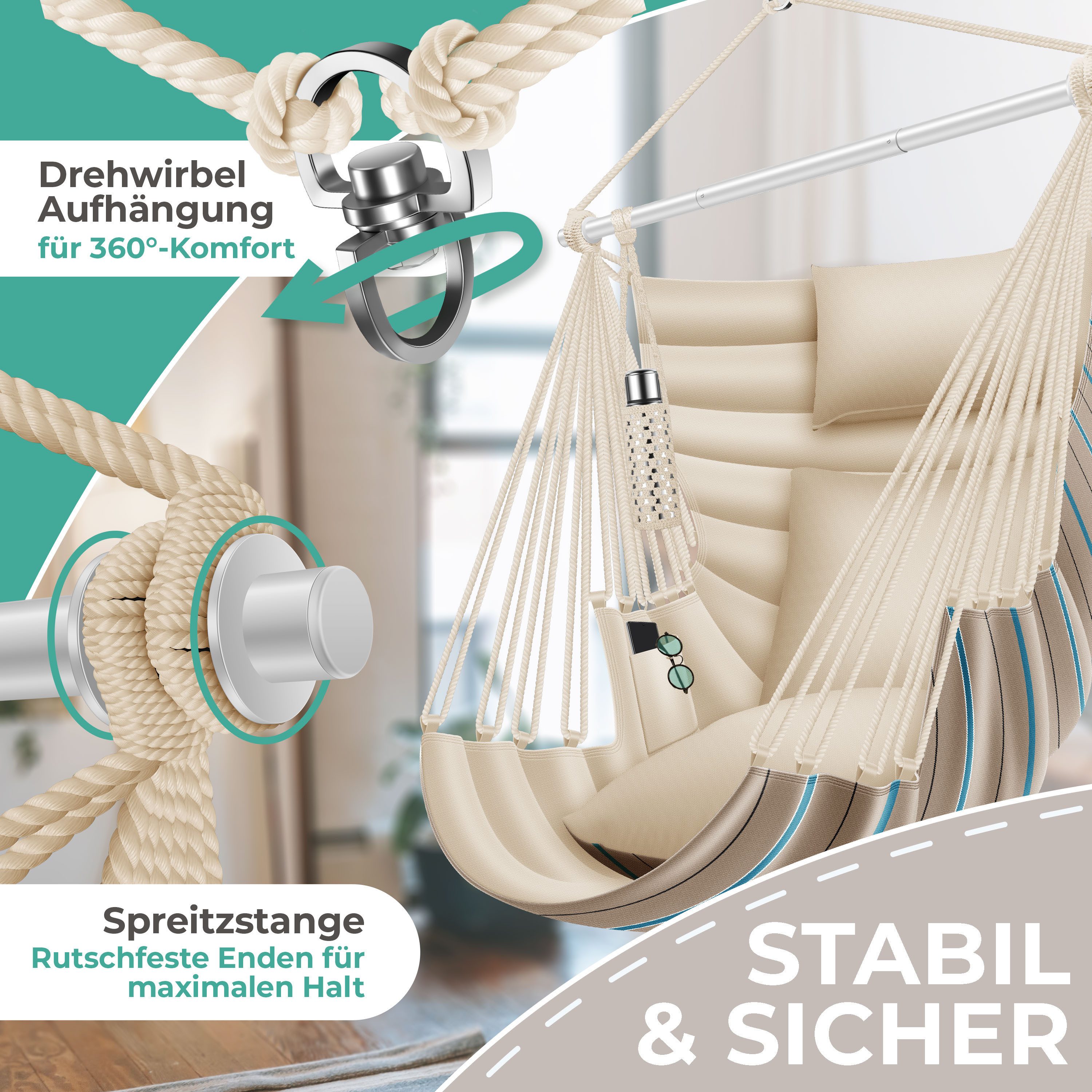 KESSER Hängesessel Haiti 150kg Traglast, Indoor & Outdoor Hängestuhl (Hängeschaukel mit 2 Kissen, Tragetasche, Flaschenhalter & Montage-Set), 360° Hängematte Pf – Bild 3 von 5