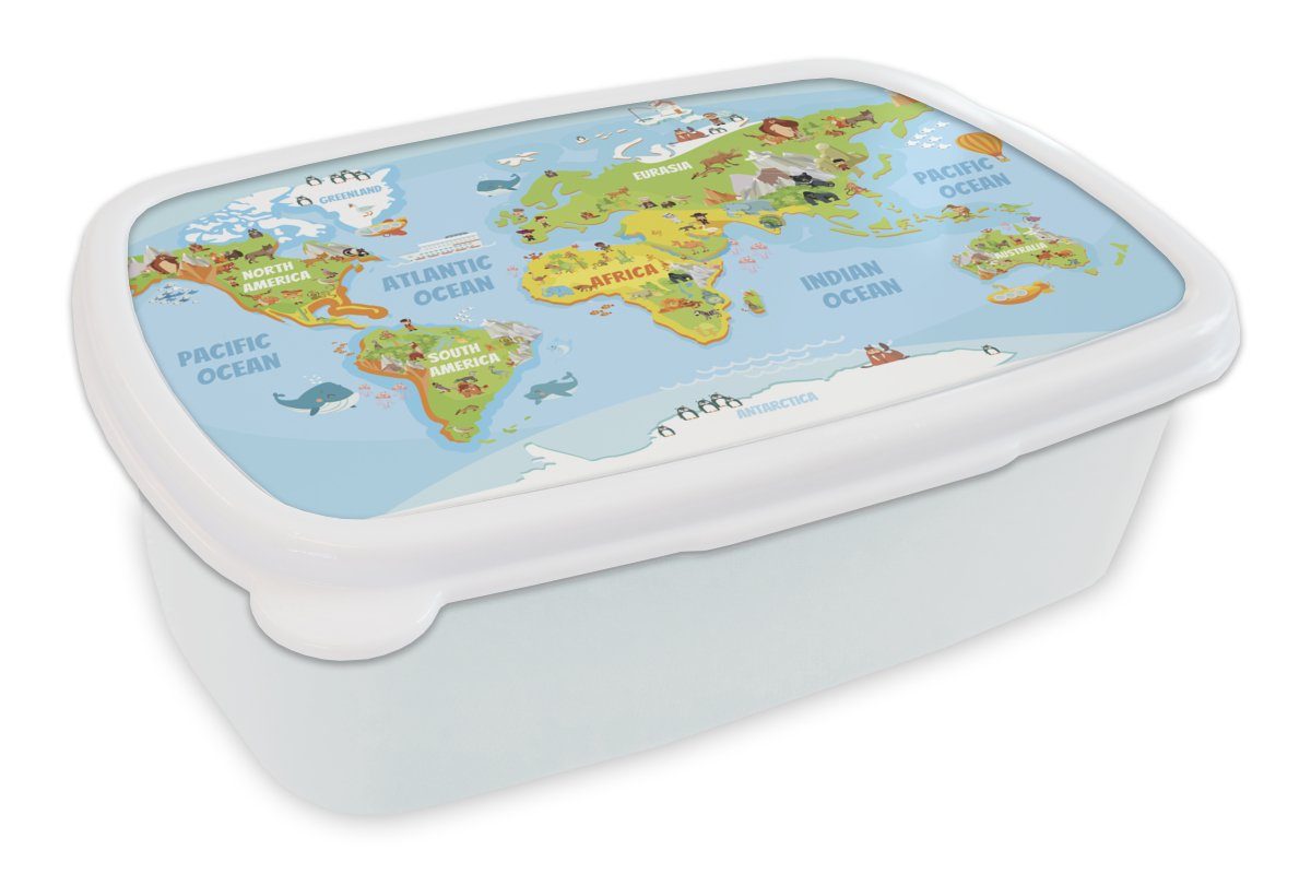 MuchoWow Lunchbox Weltkarte - Kinder - Tiere, Kunststoff, (2-tlg), Brotbox für Kinder und Erwachsene, Brotdose, für Jungs und Mädchen weiß | Lunchboxen