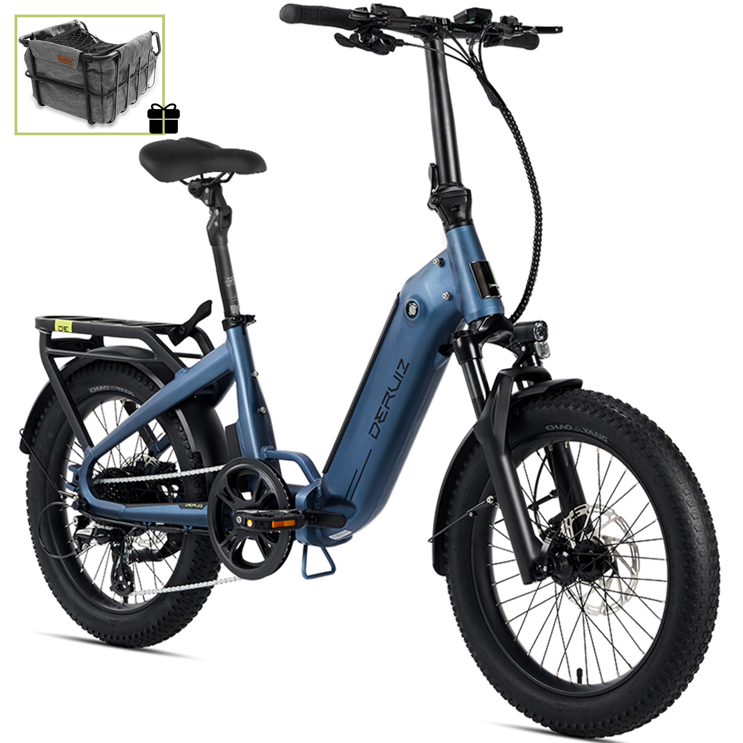 DERUIZ E-Bike Klapprad 20x3,0 Zoll, max. 140km, Federsattelstütze, mit Bluetooth, 5 Stufen, 8 Gang SHIMANO SHIMANO ALTUS 11-32T Schaltwerk, Kettenschaltung, Heckmotor, 500 Wh, (mit Akku-Ladegerät, mit Werkzeug), RH:36cm, Bremslicht, Gepäckträger (max.50kg), hydraulische Bremsen