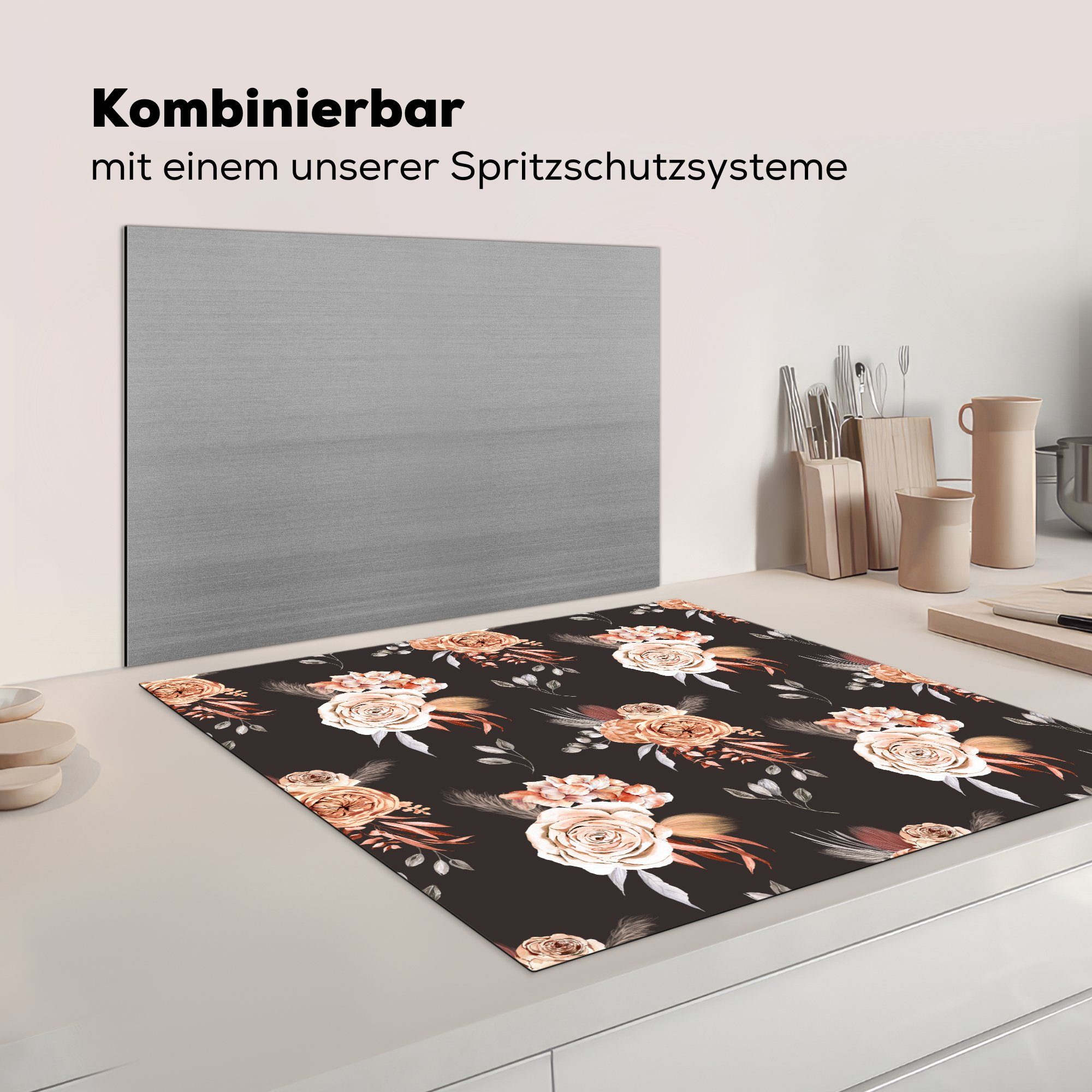 MuchoWow Herdblende-/Abdeckplatte Blumen - cm, tlg), - Ceranfeldabdeckung, küche Vinyl, Bohème für Schwarz, (1 78x78 Dekoration Arbeitsplatte